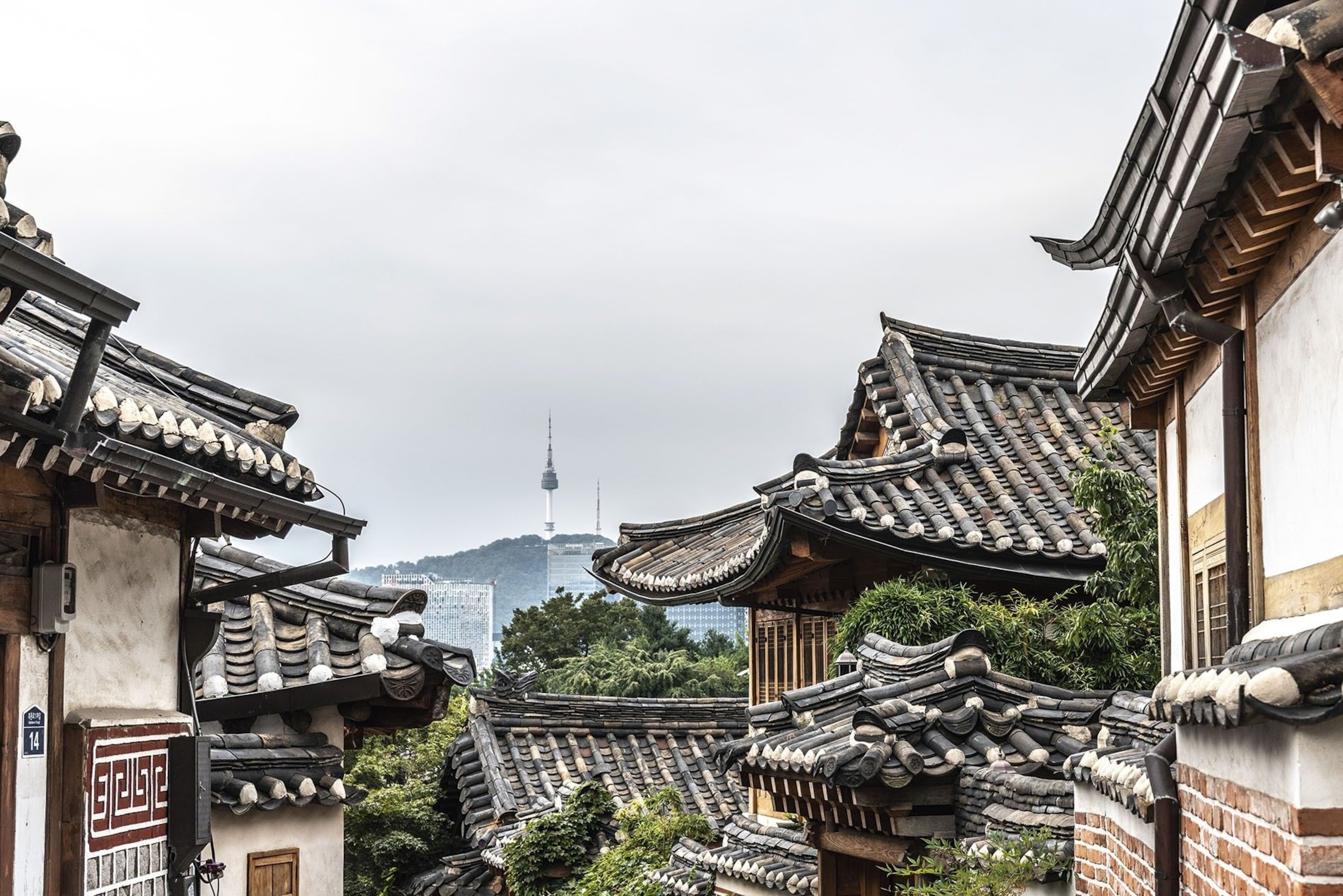 The ornate roofs of Bukchon Hanok Village, home to some of the city's best BBQ.