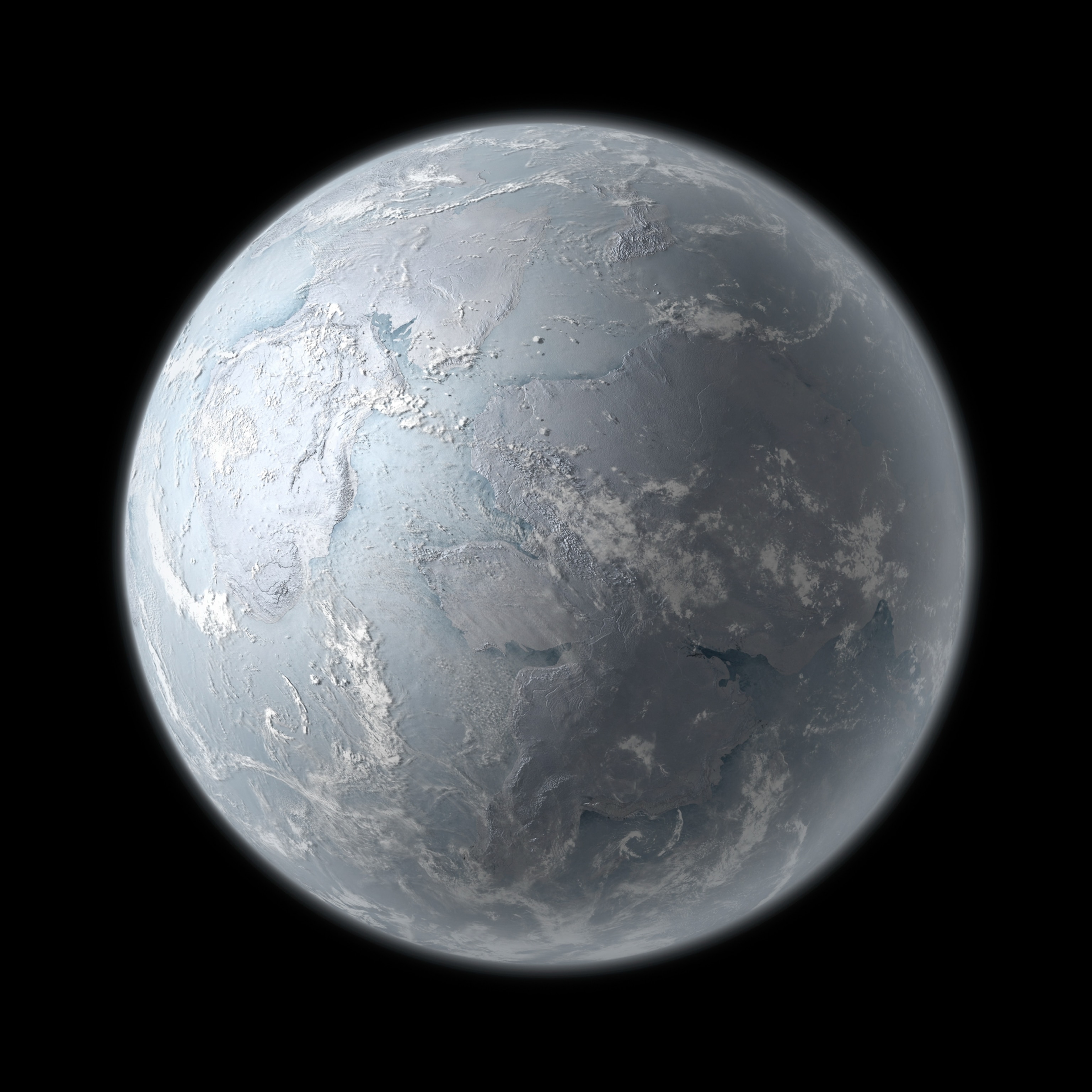 An illustrated global view of Earth, seen covered in ice