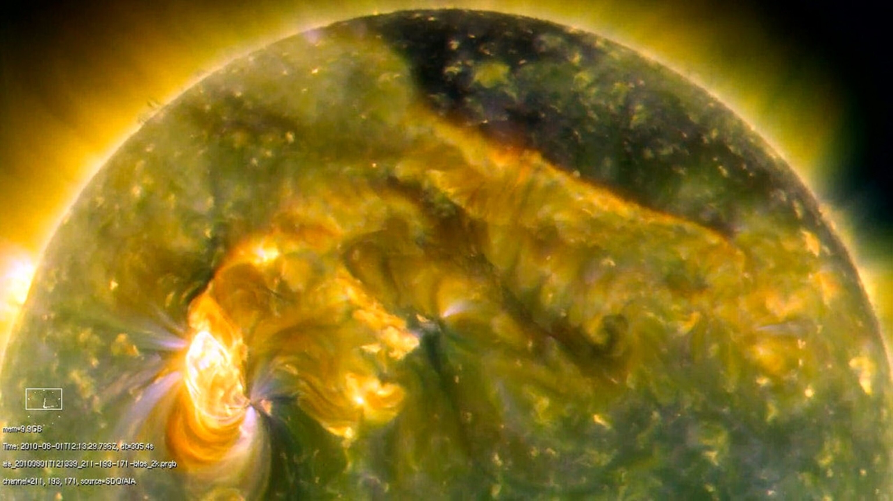 Picture of solar activity seen in ultraviolet light.