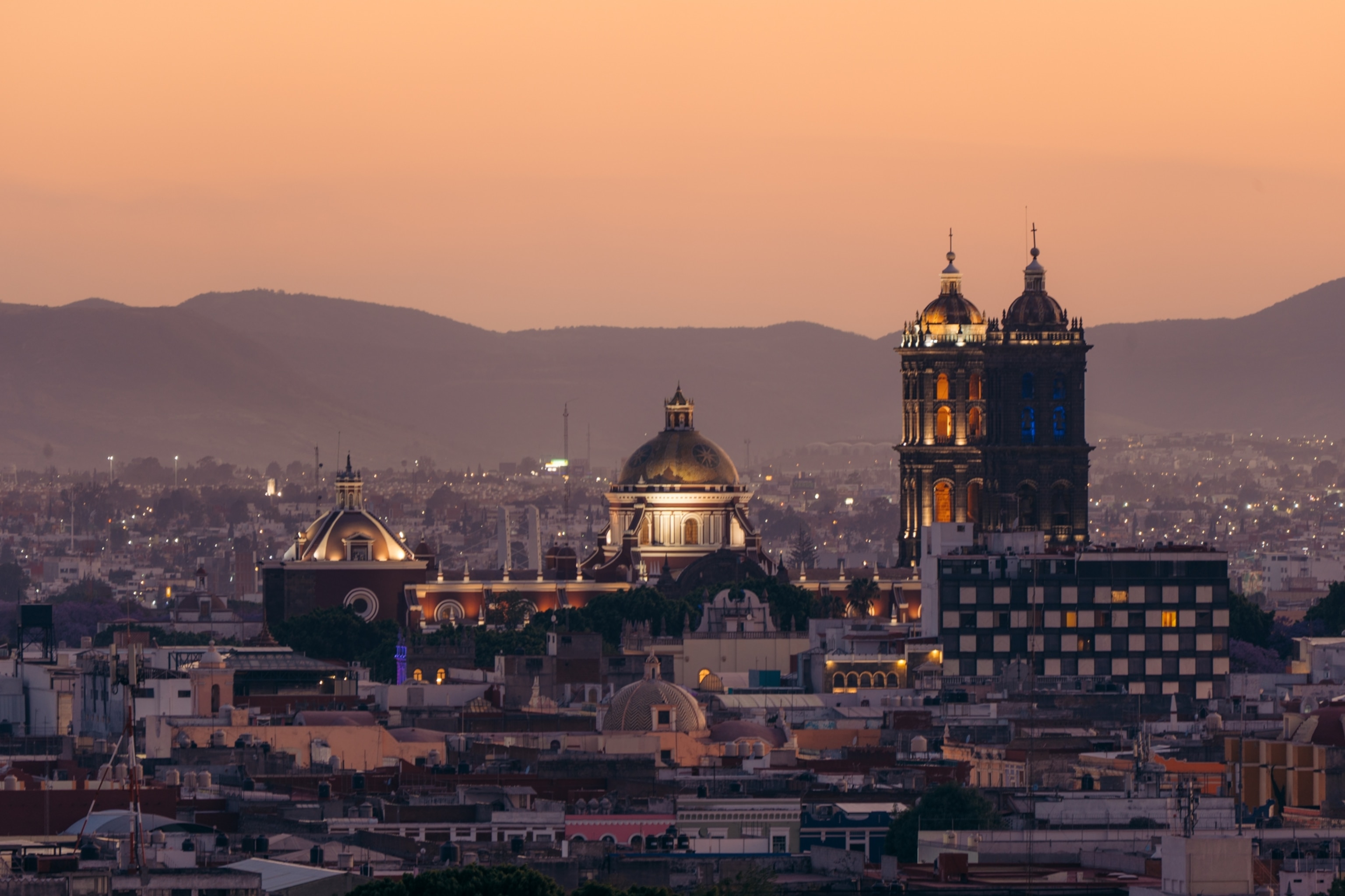 Puebla skyline at dusk