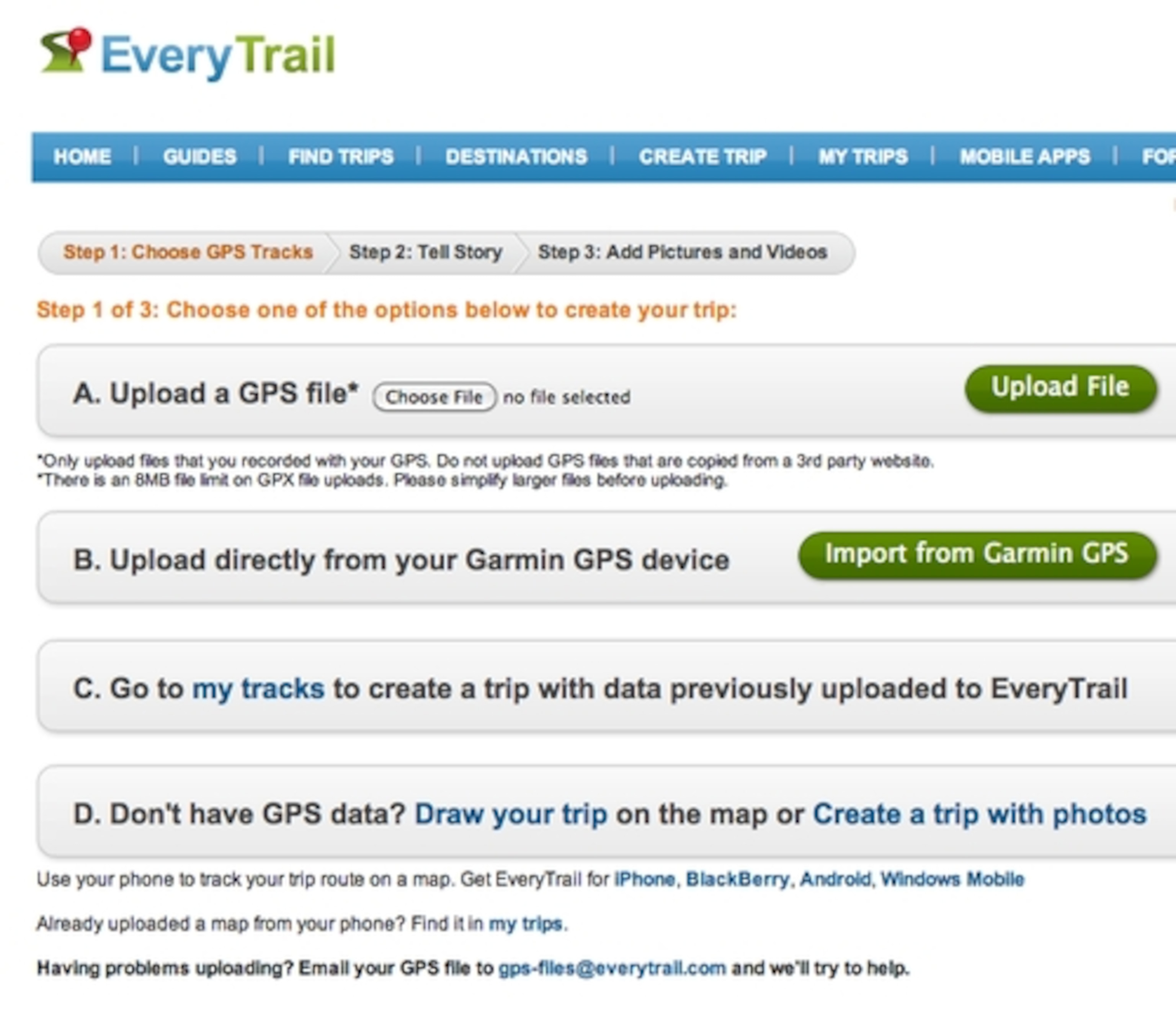 6 gps upload page everytrail