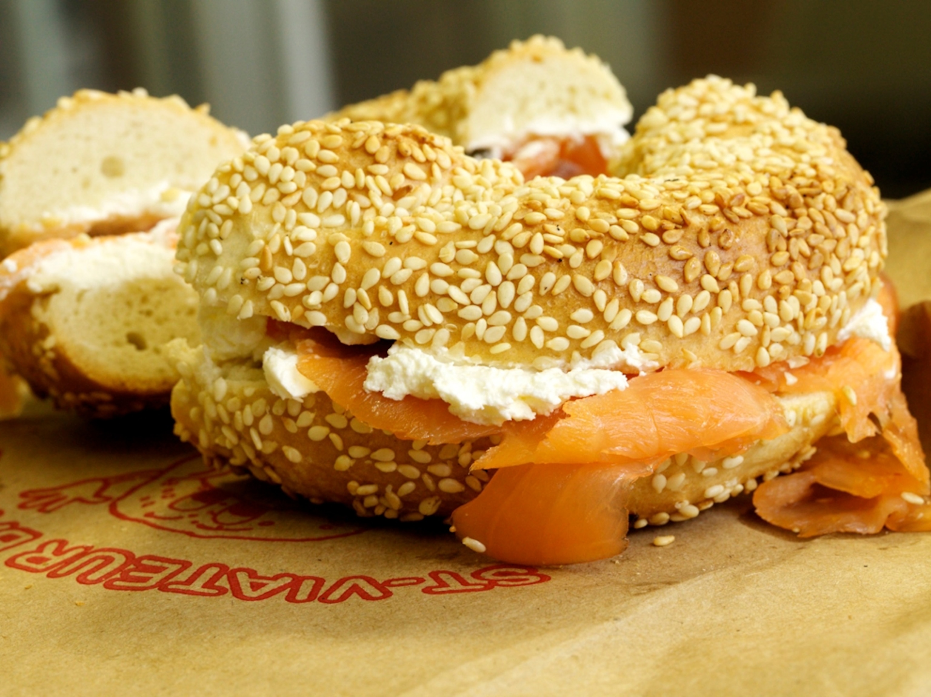 Detail of sesame bagel with lox
