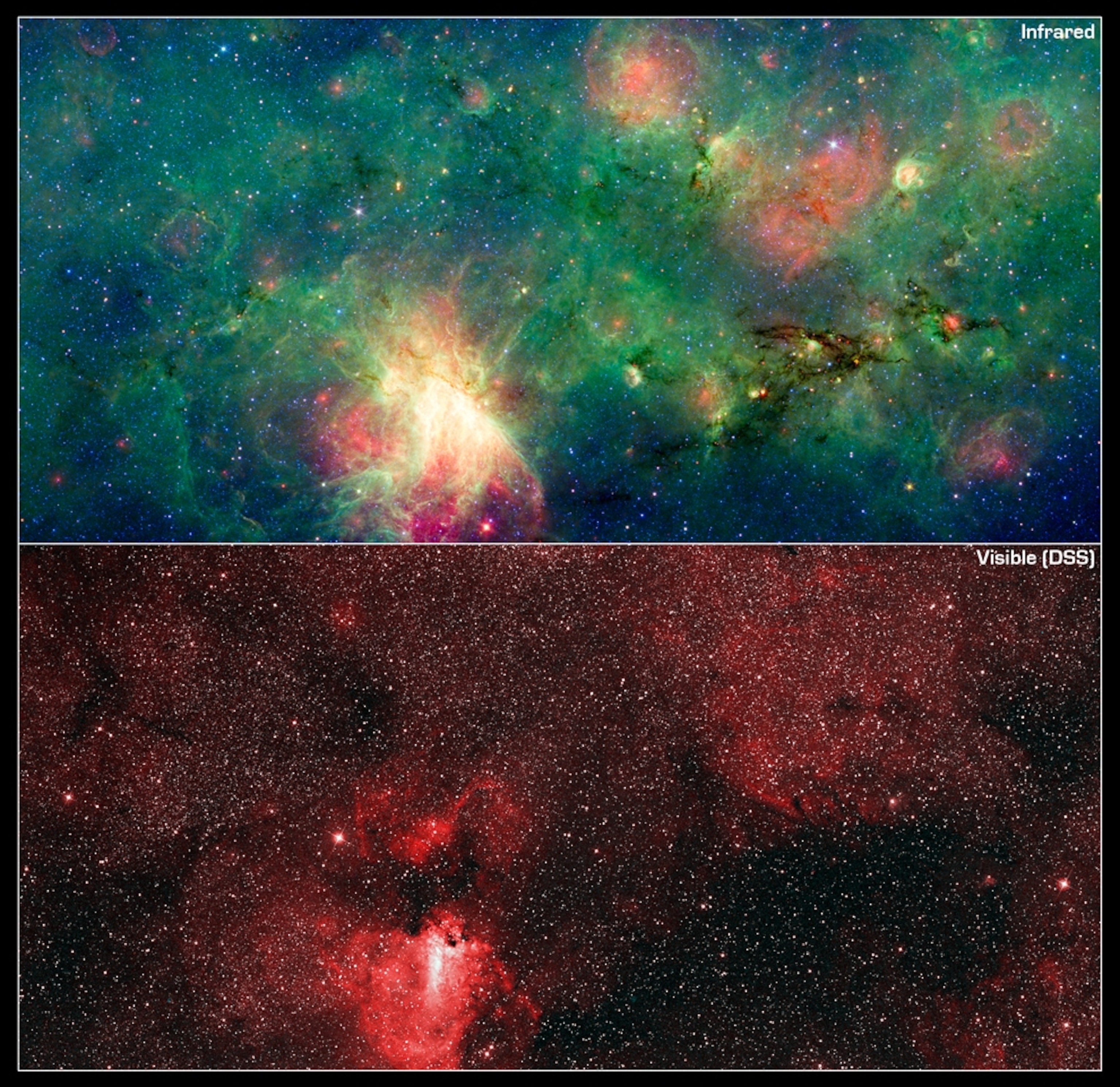 Two pictures show the nebula M17 in visible and infrared light.