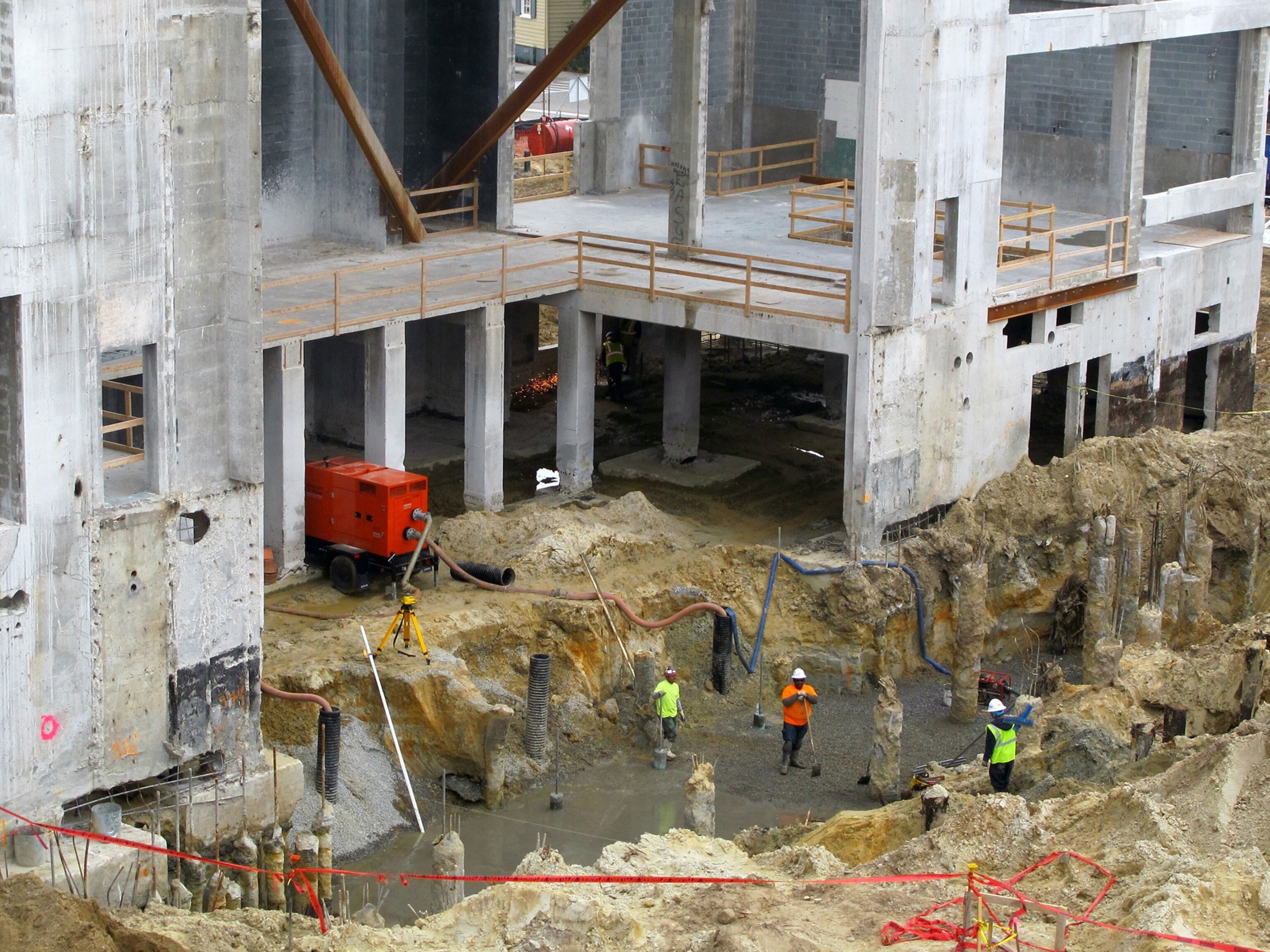workers labor on the Gaillard Center in Charleston, S.C.