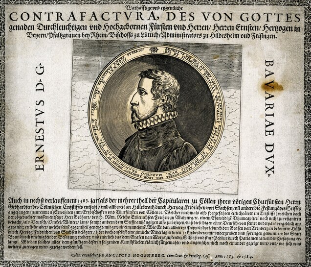Ernest of Bavaria, the archbishop of Cologne, is shown in an engraving published in 1584.
