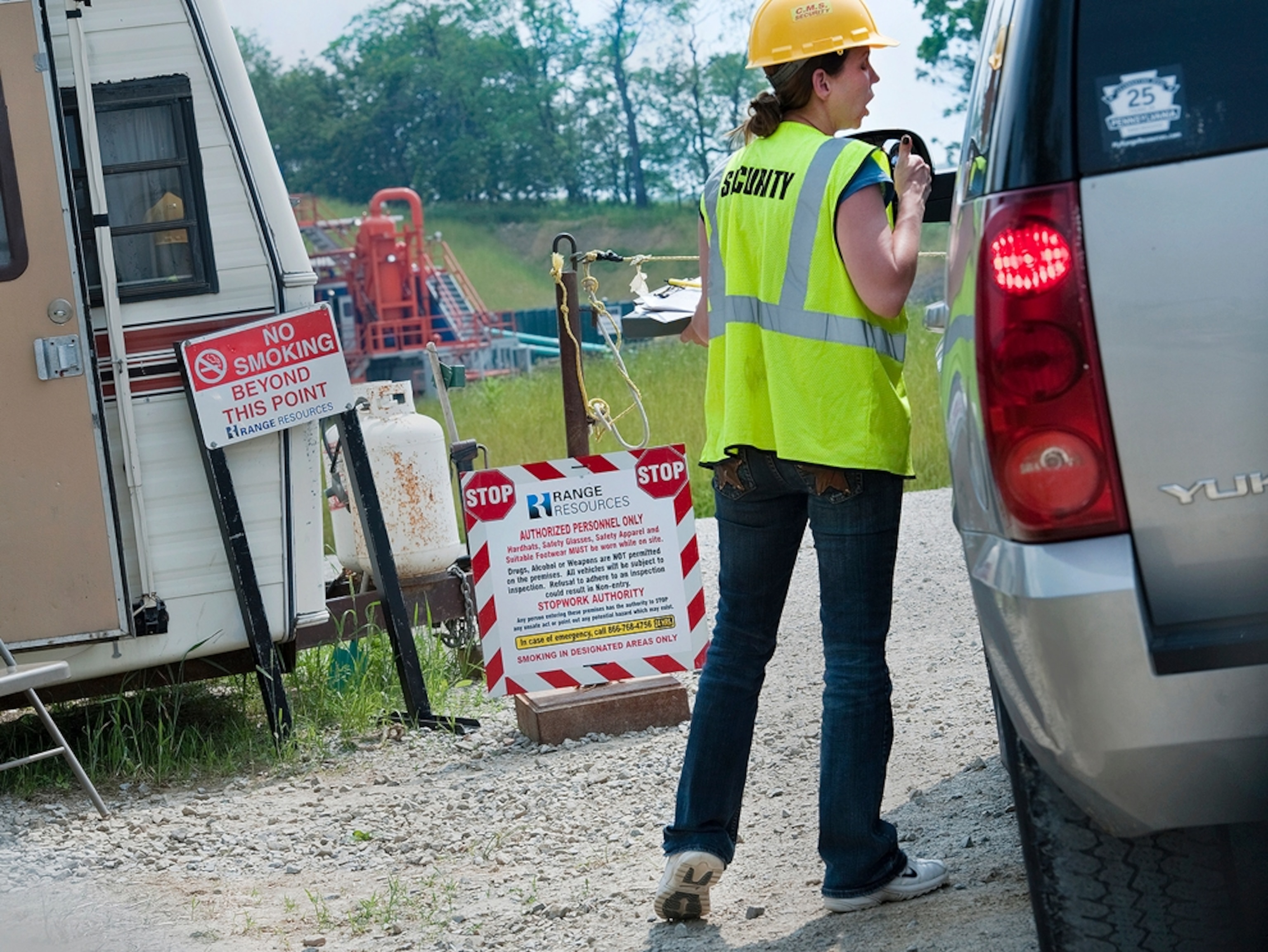 An employee at a drilling location in Washington County, Pennsylvania.