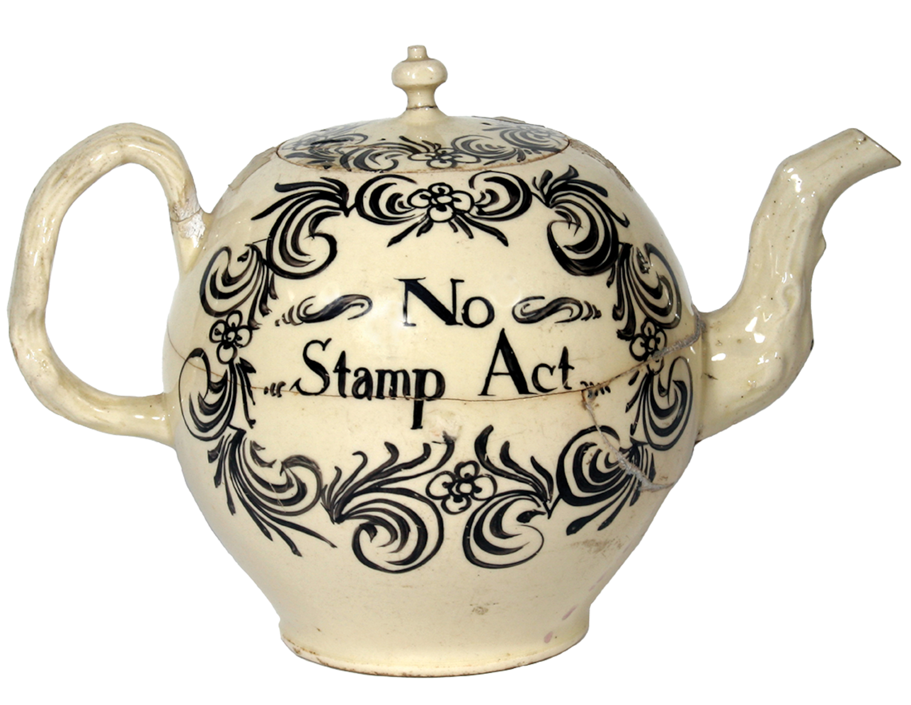 A cream white pot with a blank flowery design on it with the words 'no stamp act.'