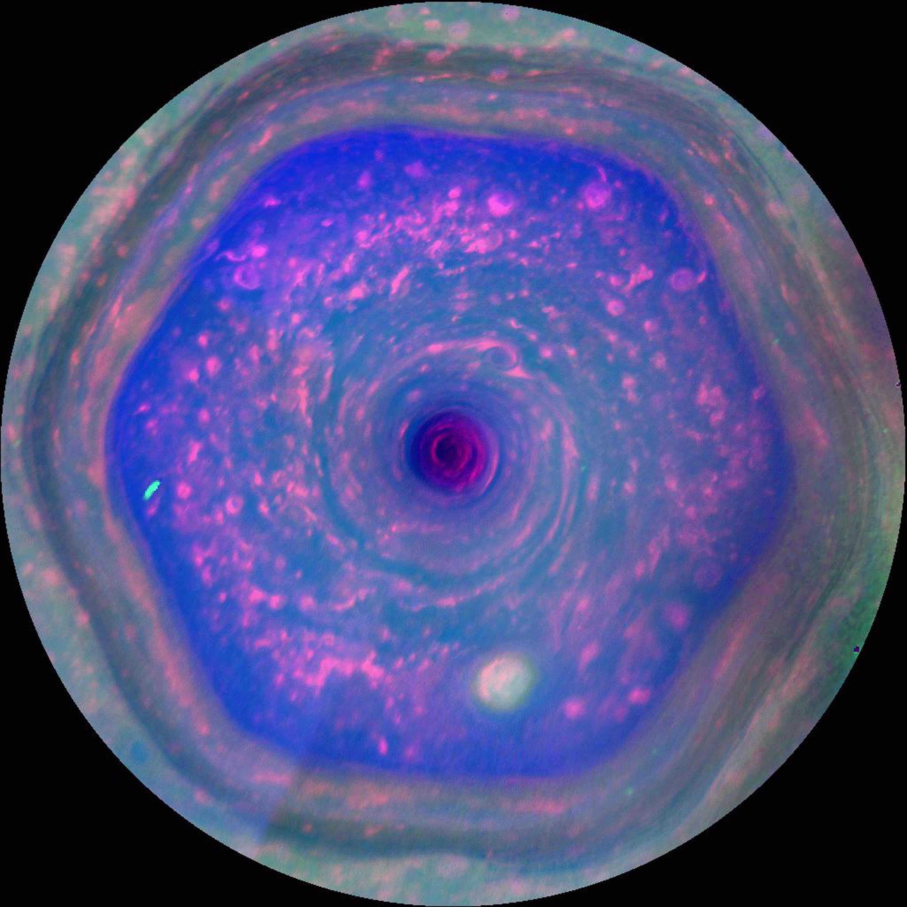 A shot from a video showing the unique six-sided jet stream at Saturn's north pole known as "the hexagon."