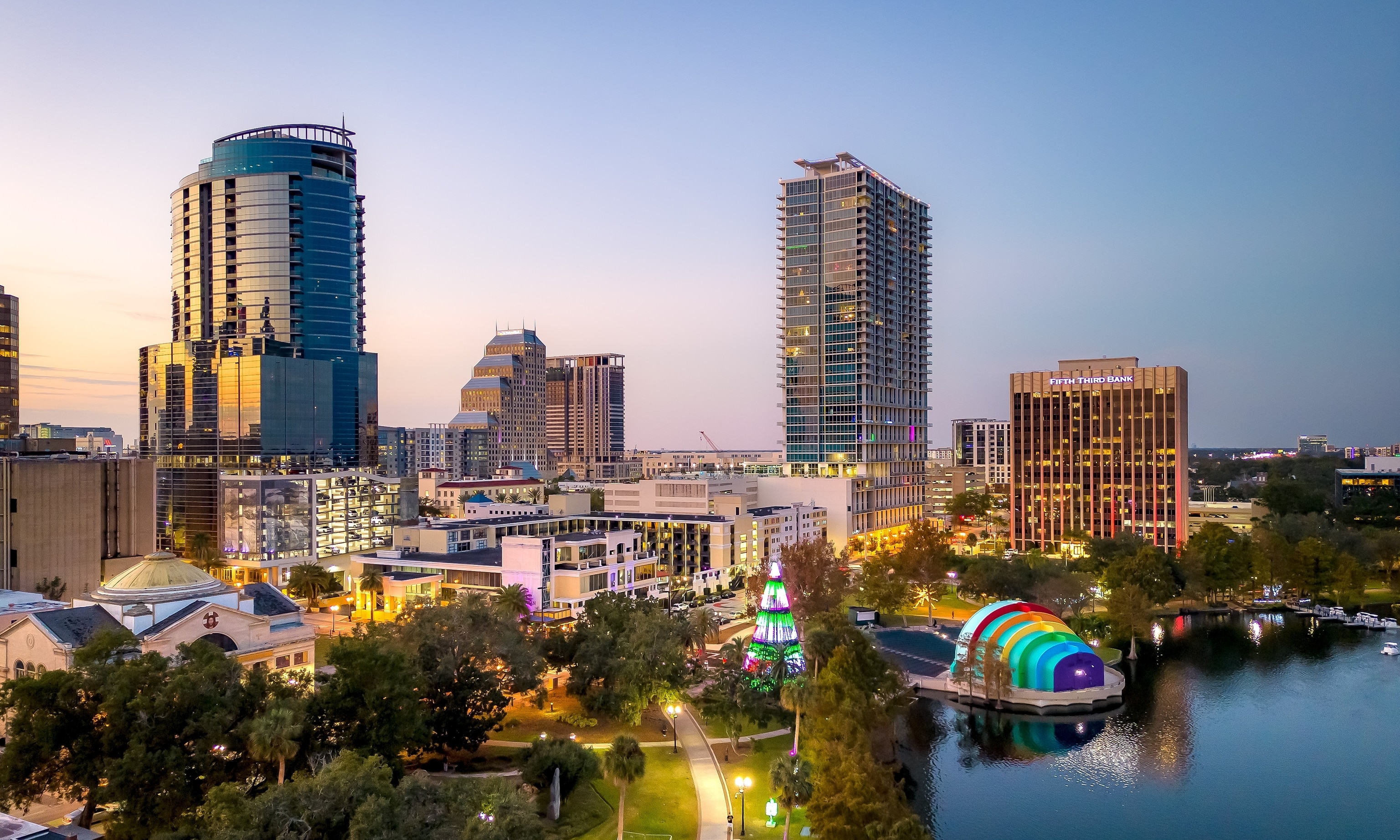 Orlando, Florida, USA aerial skyline towards Lake Eola.