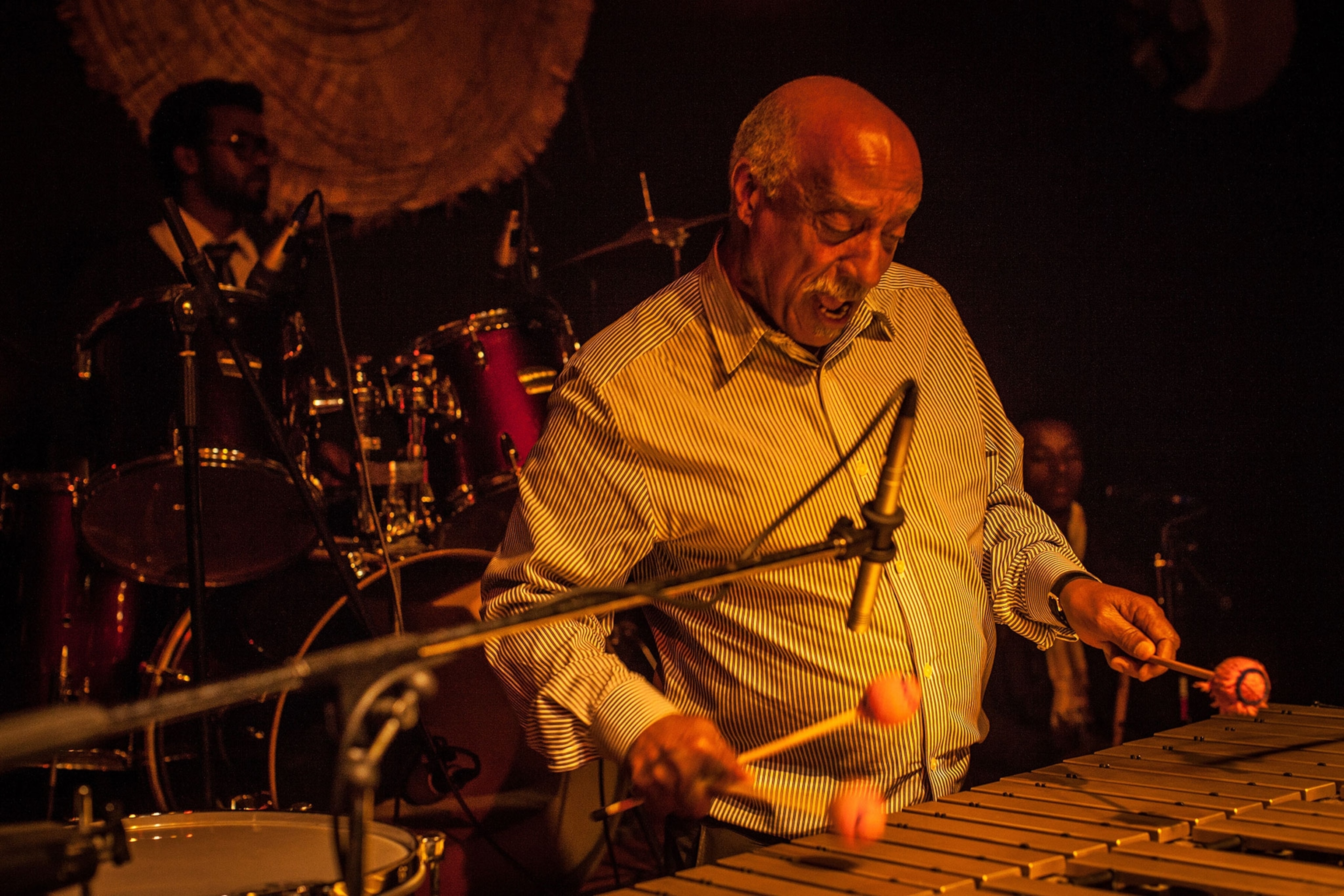 A man plays an instrument with a band on stage