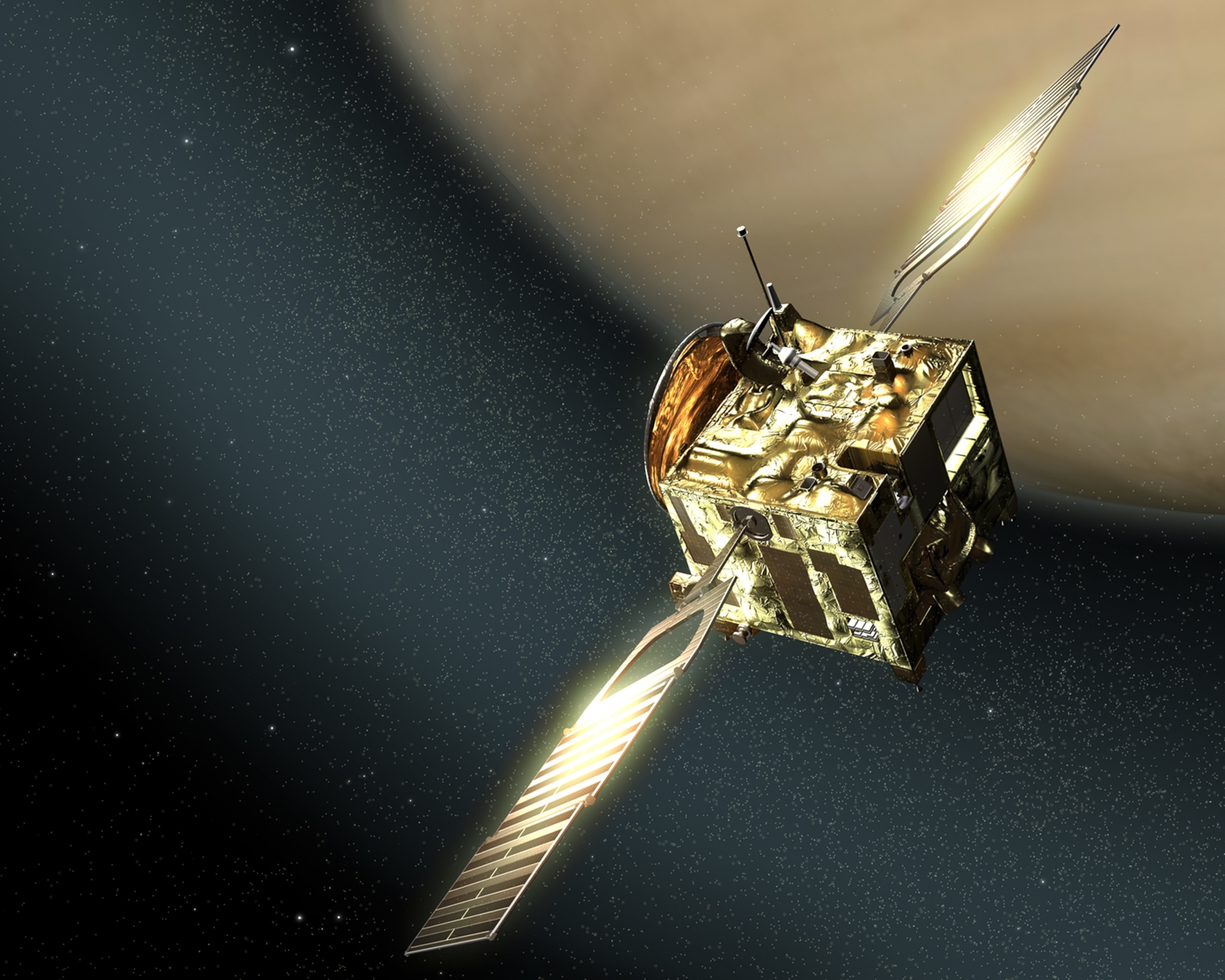 Artist's view of Venus Express and solar particles interacting with Venus' atmosphere.