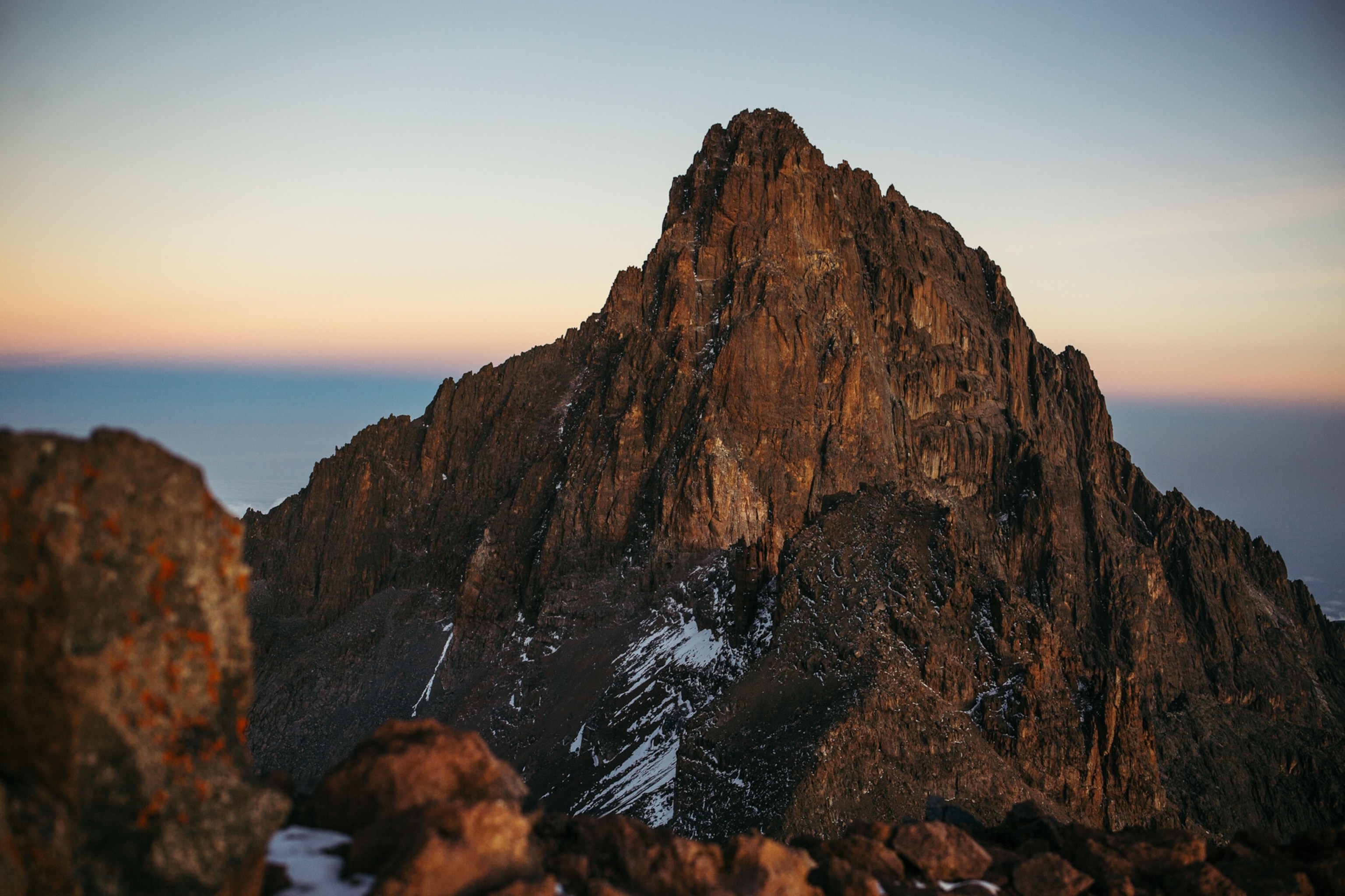 A view of Nelion at dawn from Point Lenana on Mount Kenya, Africa's second highest peak.