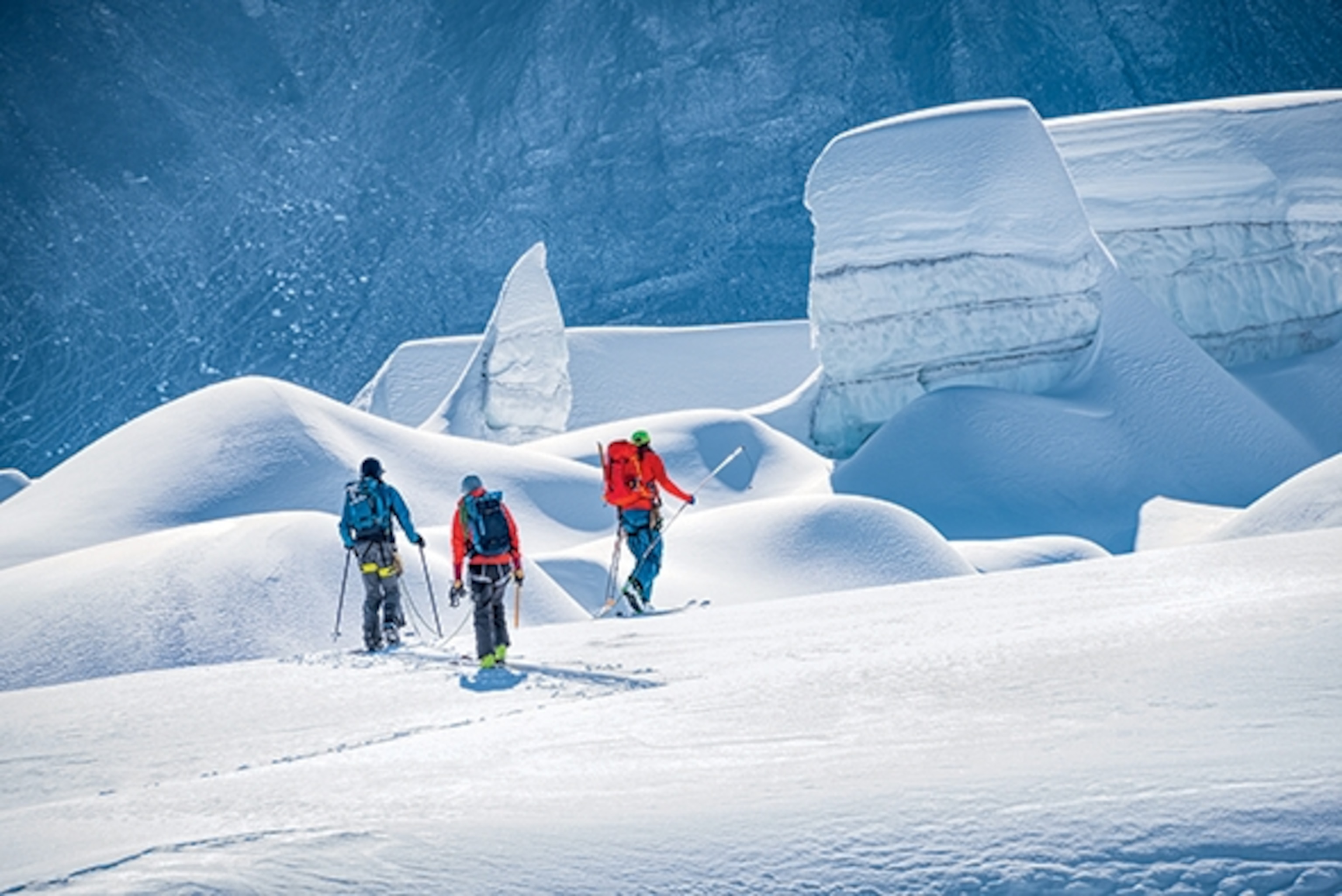 Brodie Smith, Alex Yoder, and Max Hammer investigate otherworldly terrain beneath Mount Macbeth in the Jumbo Valley, British Columbia, Canada. Photograph by Steve Ogle