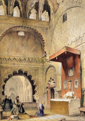 People kneel in prayer at the Royal Chapel of the mosque-cathedral in Córdoba, Spain, in this 1836 engraving by Charles Joseph Hullmandel.
