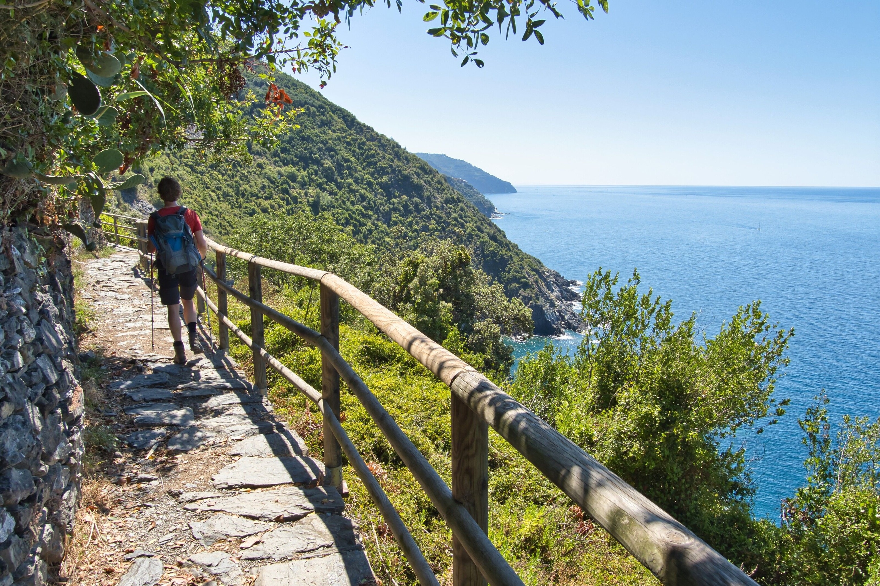 A hiker walks along a gravel path with a wooden railing. The sea glistens below. Greenery surrounds.