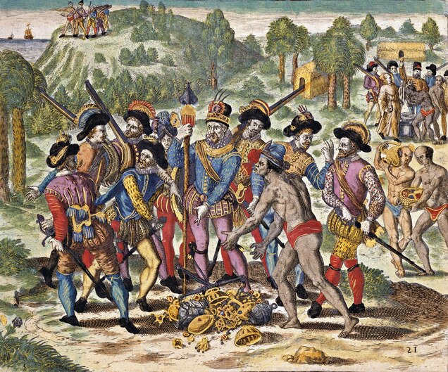 Panquiaco, a chieftain (cacique) from Panama, hands over gold pieces to Vasco Núñez de Balboa in this engraving by Theodor de Bry from the 1594 History of the New World by Girolamo Benzoni.