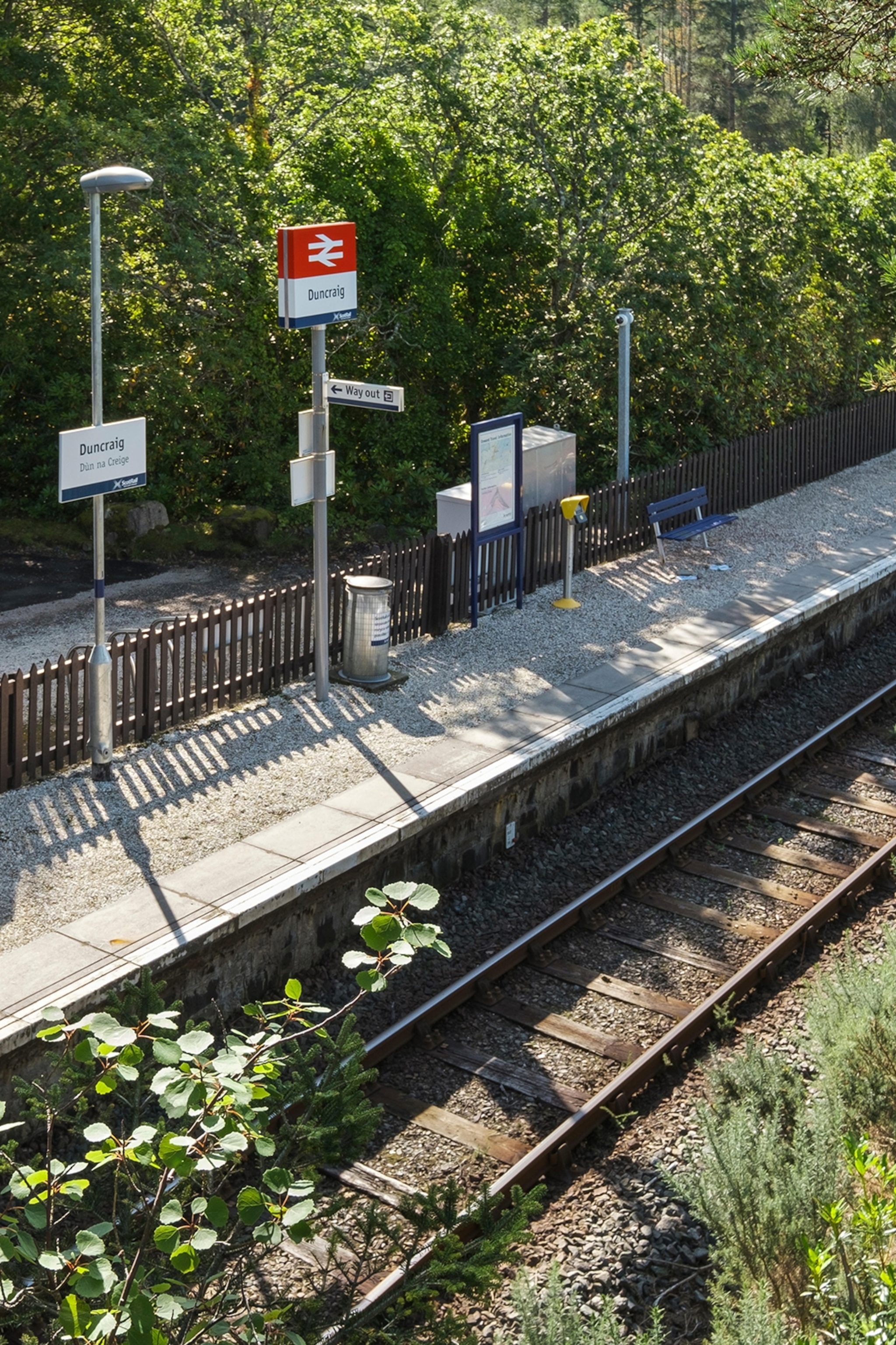 A remote train station platform with single rail track passing through and trees in the background.