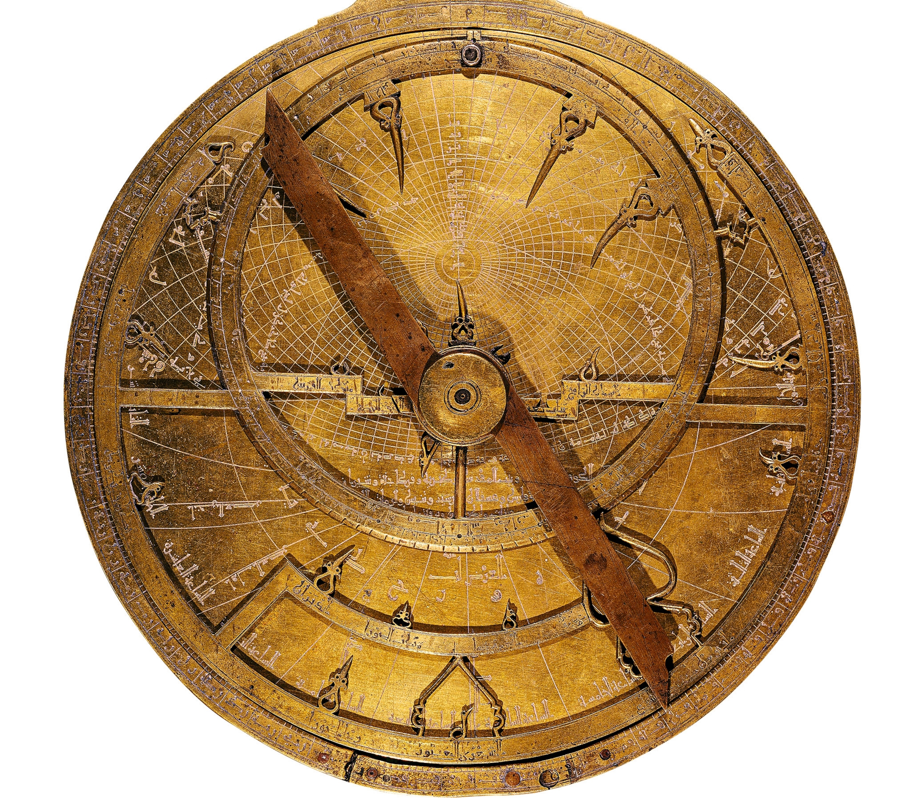 A brass astrolabe measuring 9.5 inches in diameter.