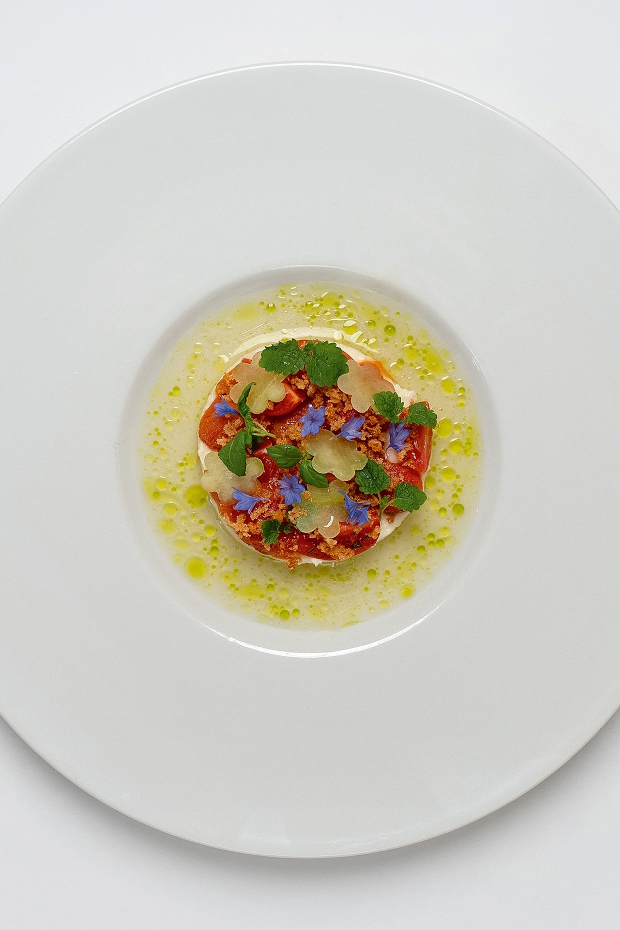 A minimalistic plate shot from above, containing a low and precisely arrange tower with stenciled vegetable slivers and herbs on top.