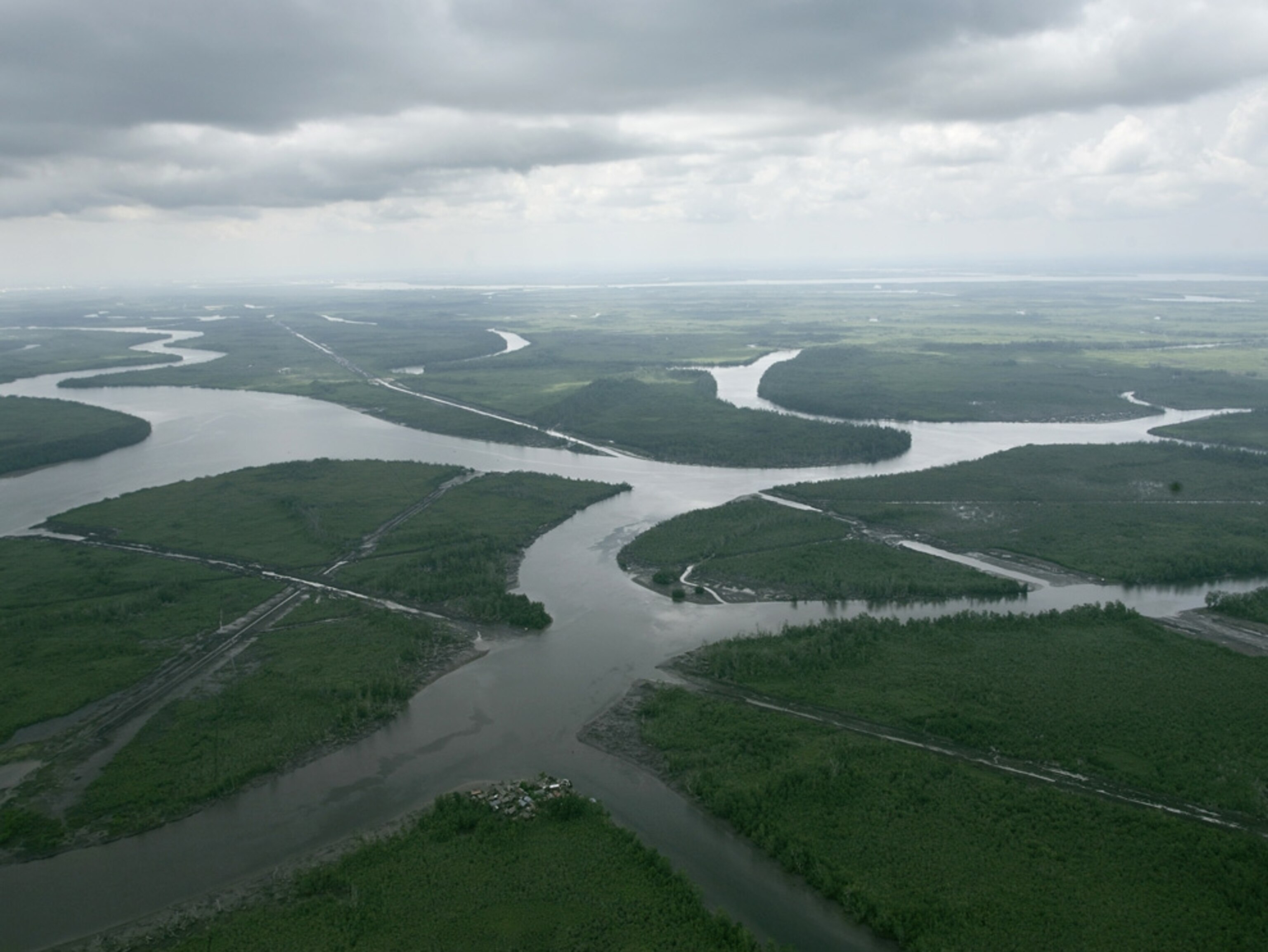 Watery pipeline channels crisscross the green Niger Delta