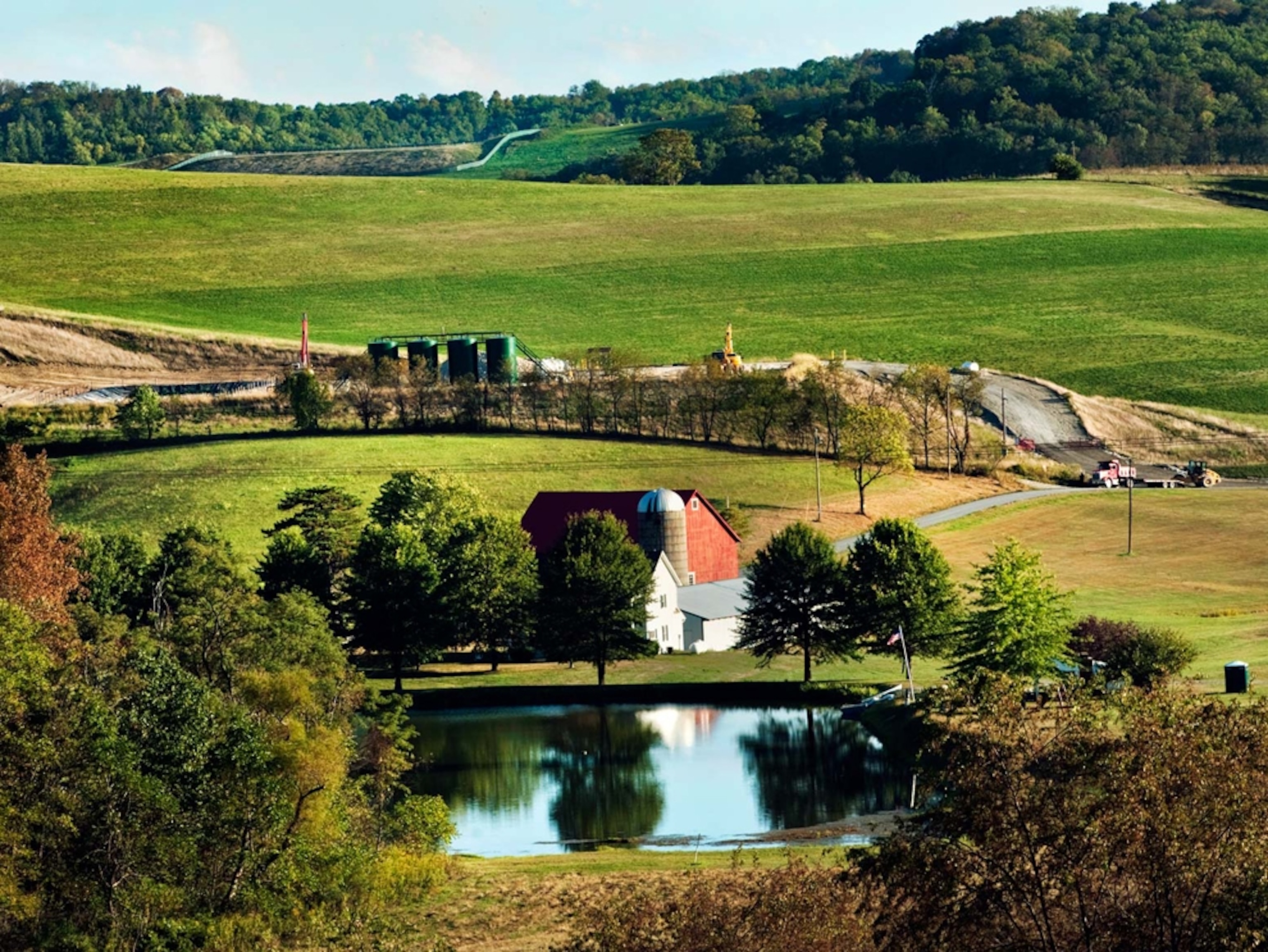 Natural gas development borders a scenic farm in Hickory, Pennsylvania.