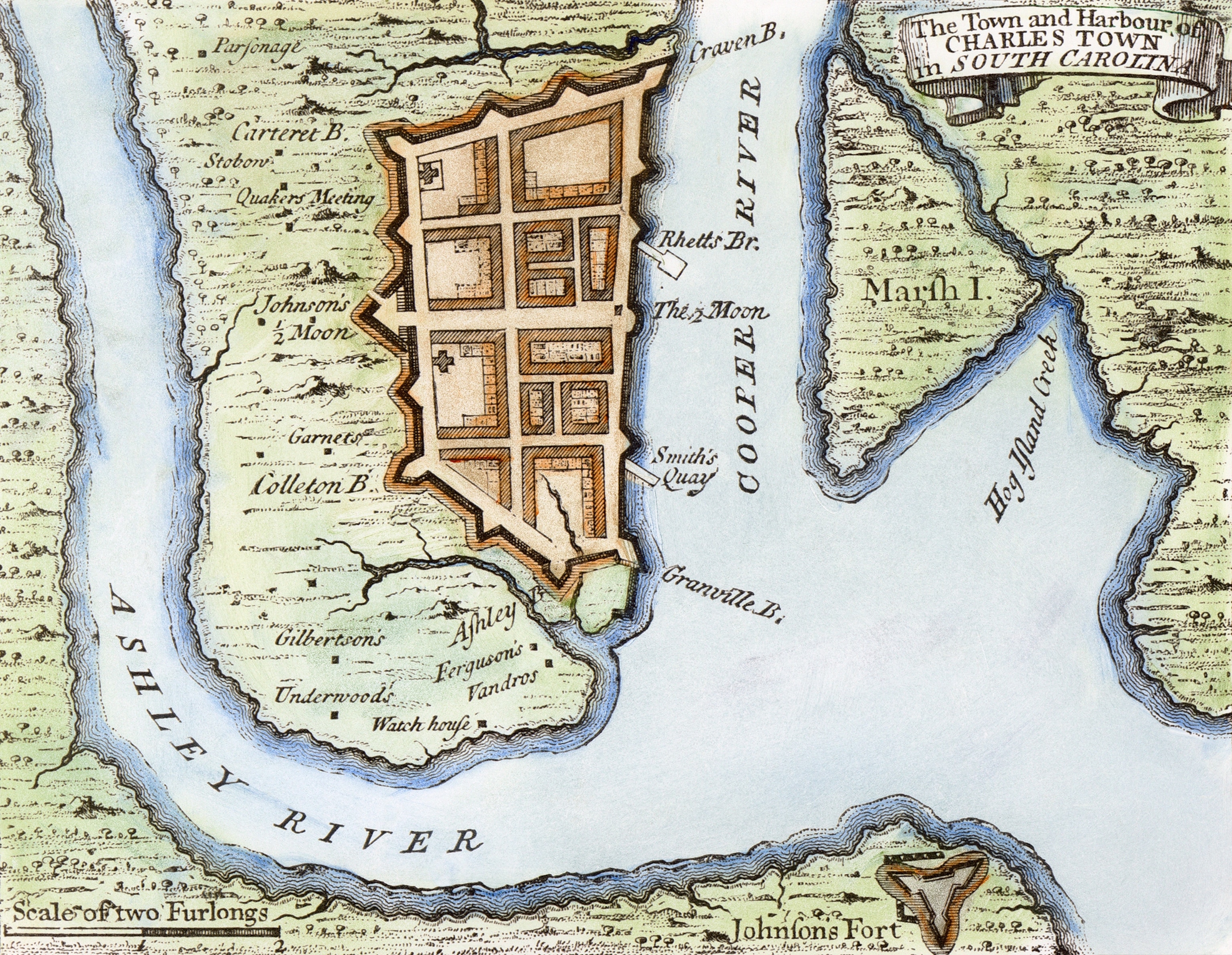 In 1732, a detailed plan of Charleston, South Carolina is depicted in the image. The layout of the city, with its streets, buildings, and waterways, is clearly shown. The historical map provides a glimpse into the urban design and architecture of Charleston during this period.