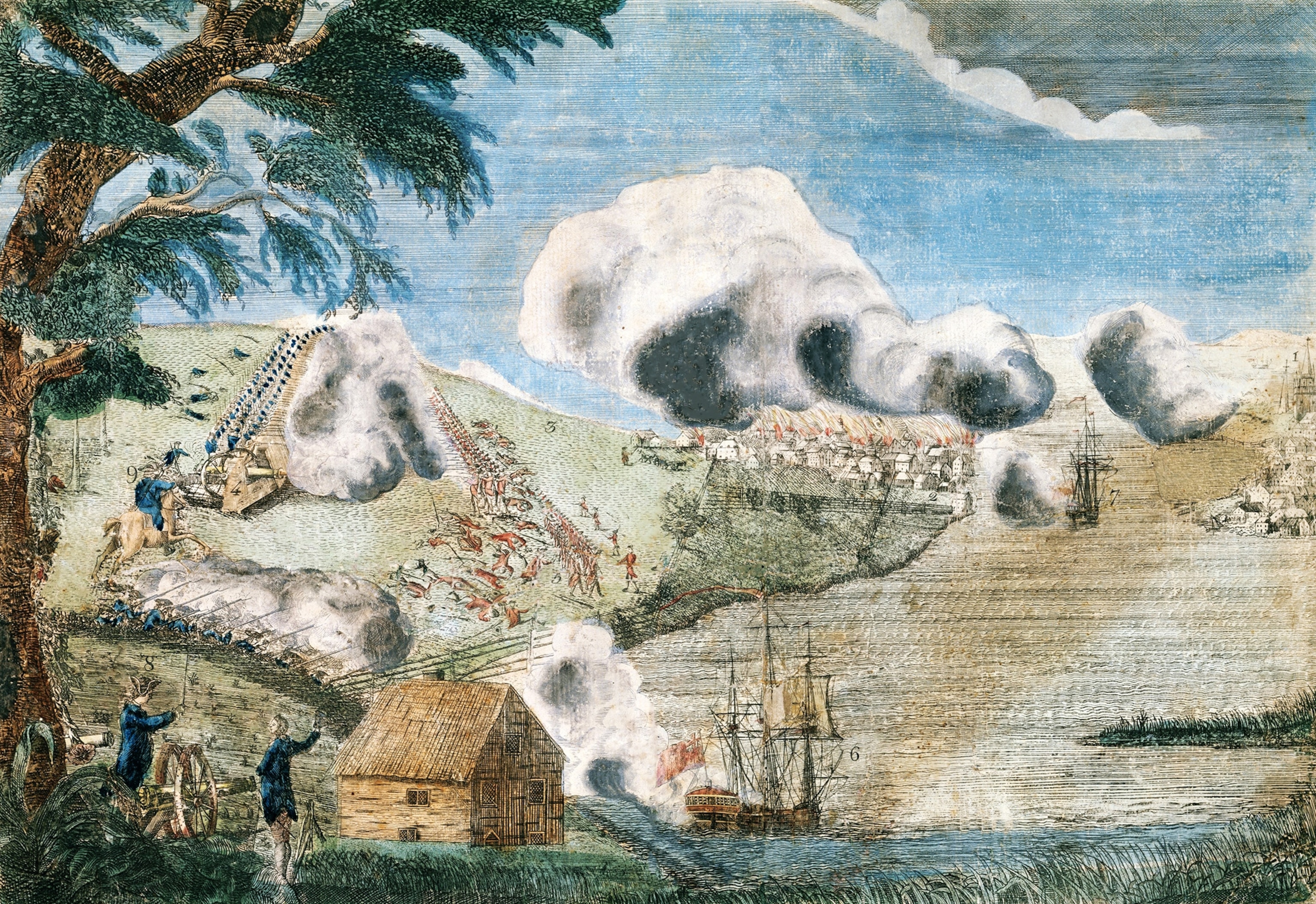 Very early American print depicts a conflict often referred to as the Battle of Bunker Hill. Near the start of the American Revolution, the action took place on the Charlestown Peninsula, north of Boston Harbor and involved 2,400 British troops commanded by Major General Howe ranged against 1,500 Americans of the Continental Army under General Artemas Ward and General Israel Putnam. Here, straight ranks of colonial troops in blue face the advancing red-coated British, with a glimpse of Boston shown at right and Charlestown burning at left.