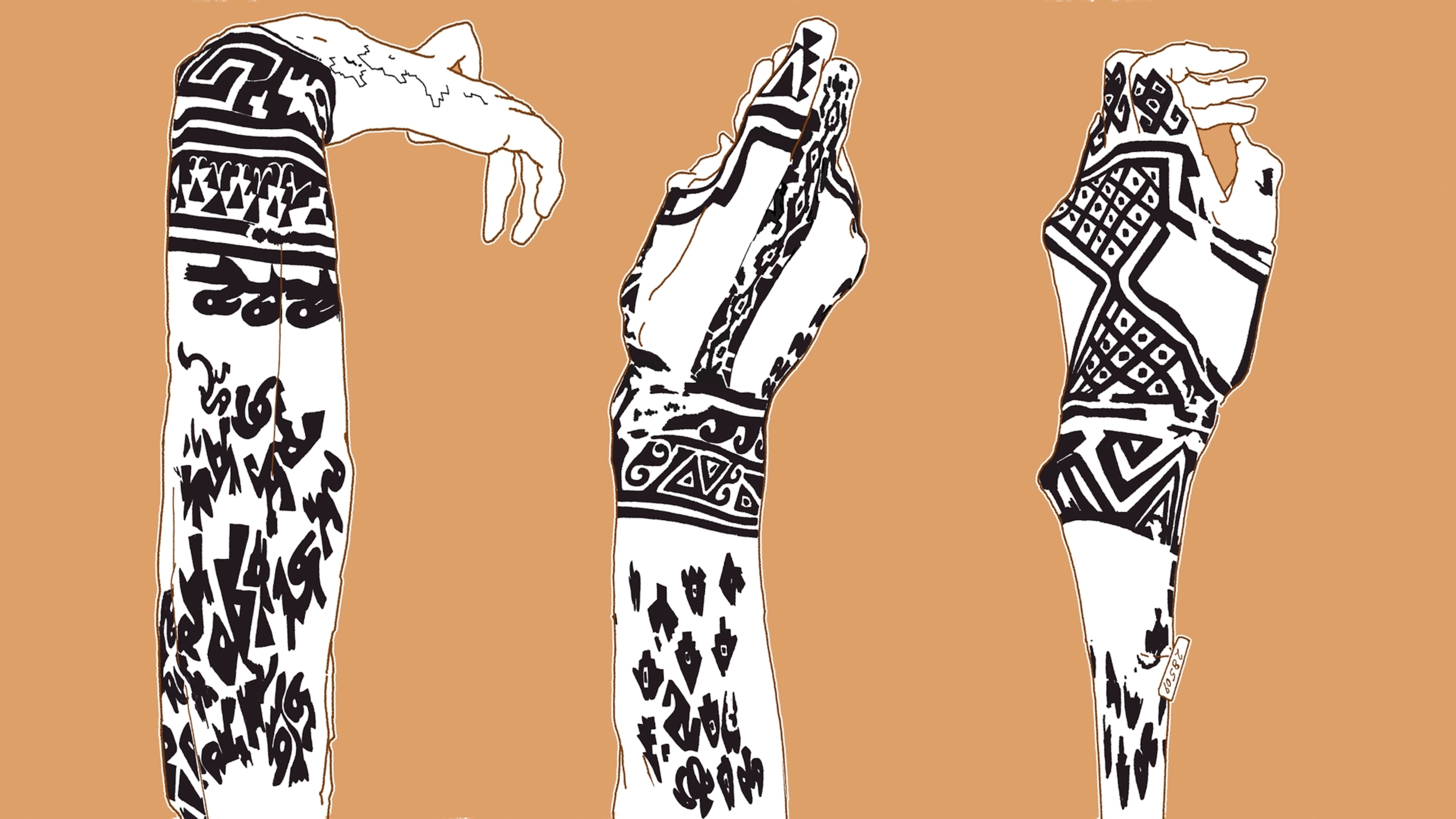Three black and white drawing of heavily tattooed arms on brown background.