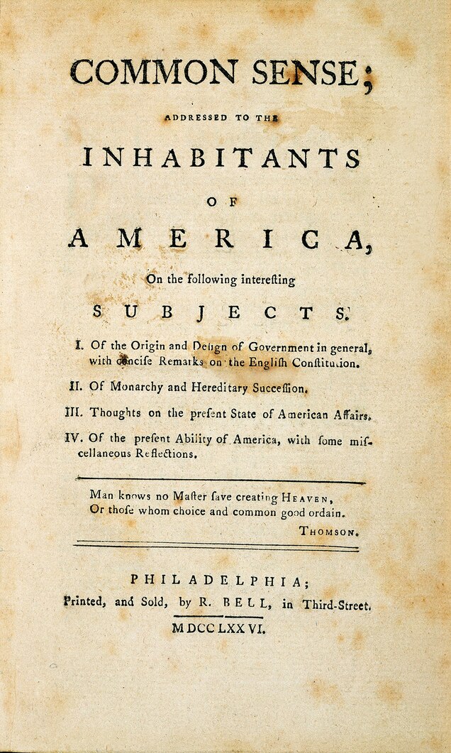 The title page of Thomas Paine's "Common Sense" pamphlet, published in 1776, is pictured.