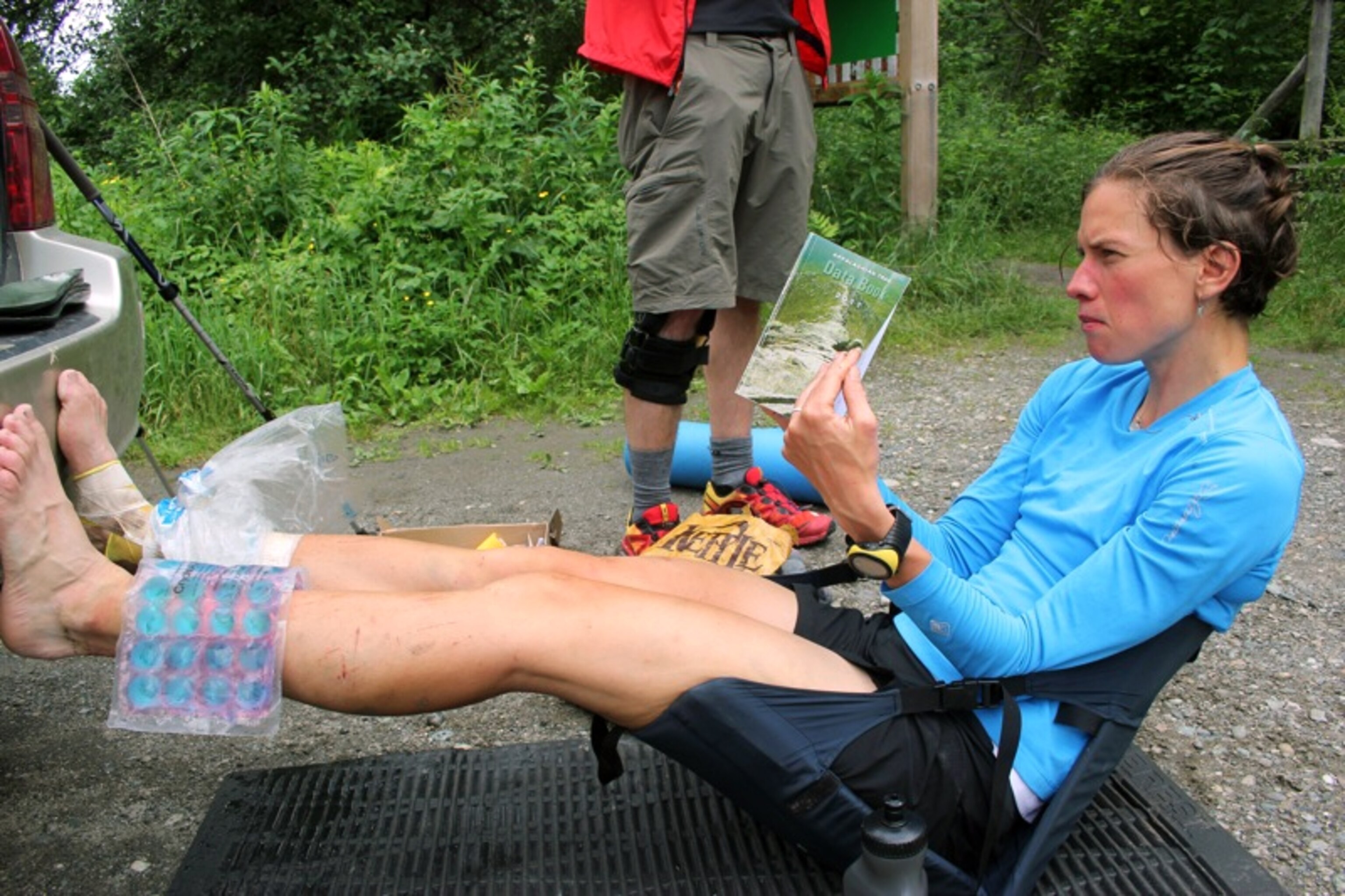 Jennifer Pharr Davis ices her legs on the Appalachian Trail