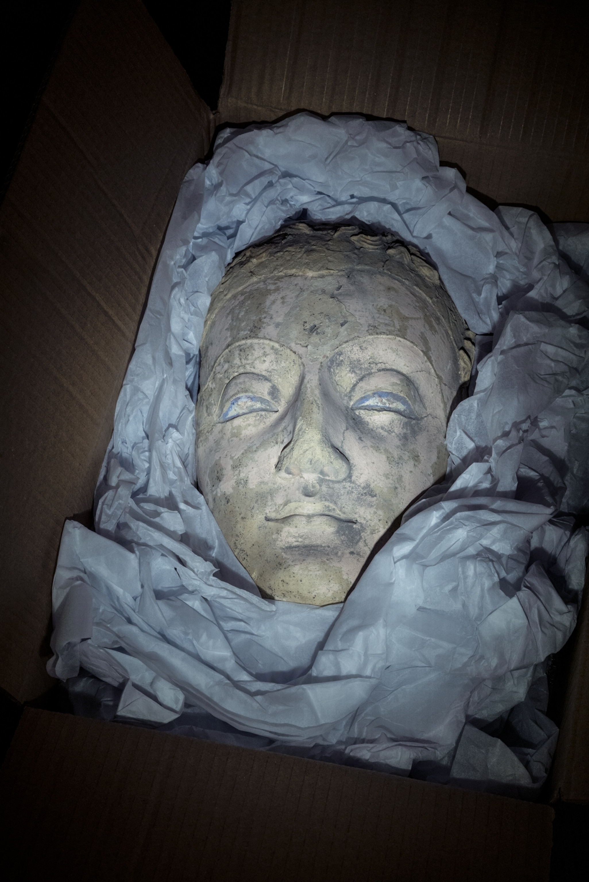 A stucco statue head in a box