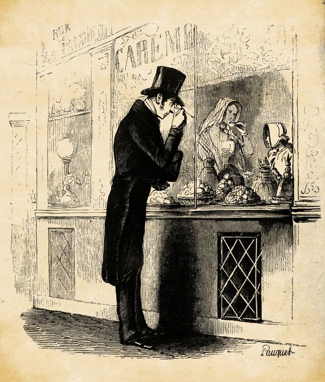 A customer examines the creations at Carême's shop in an 1835 engraving.