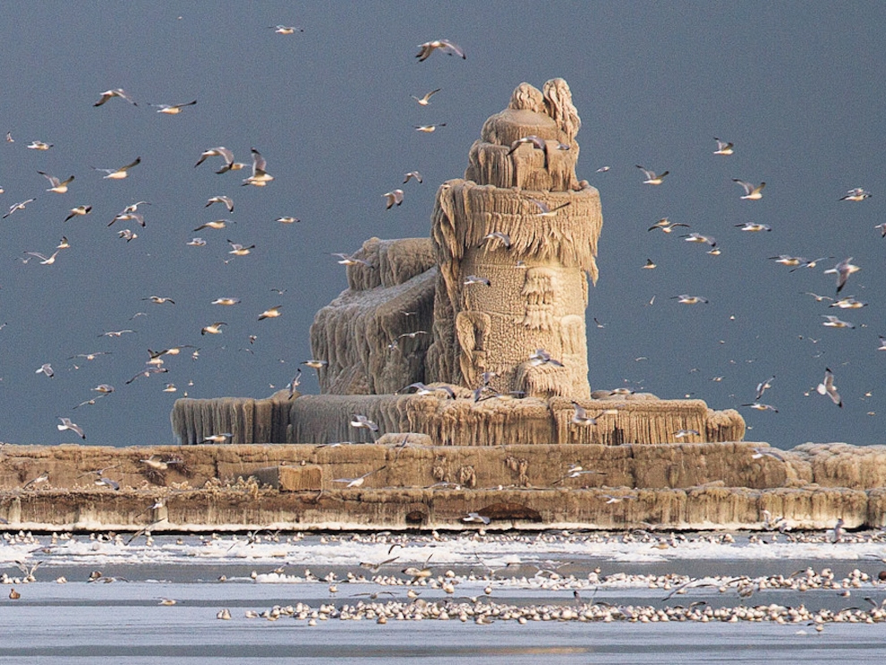Lighthouse covered in ice in Cleveland, Ohio, on Lake Erie (picture)