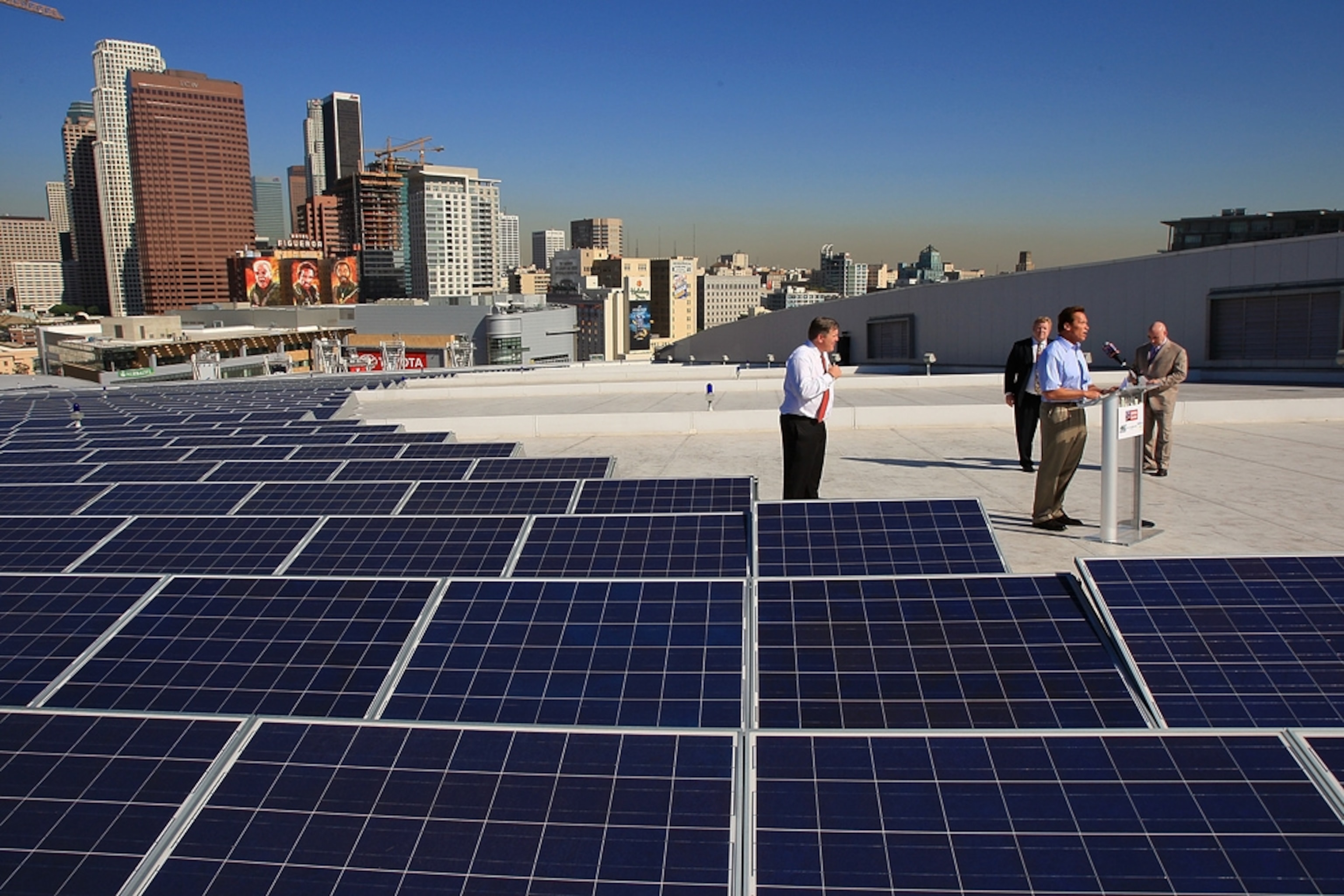 Solar panels and Arnold Schwarzenegger on the roof of Staples Center, Los Angeles.