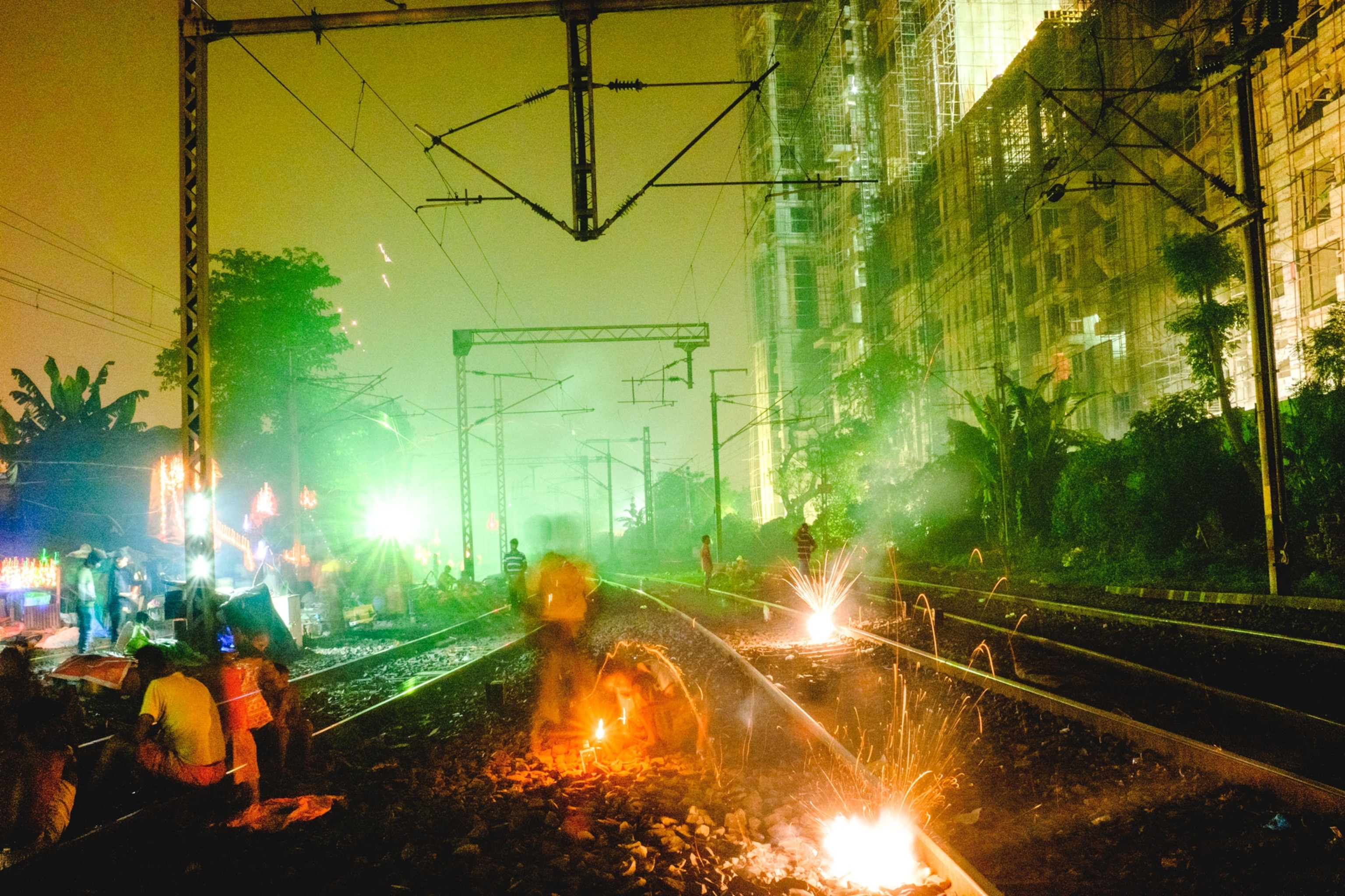 firecrackers going off on a railroad track