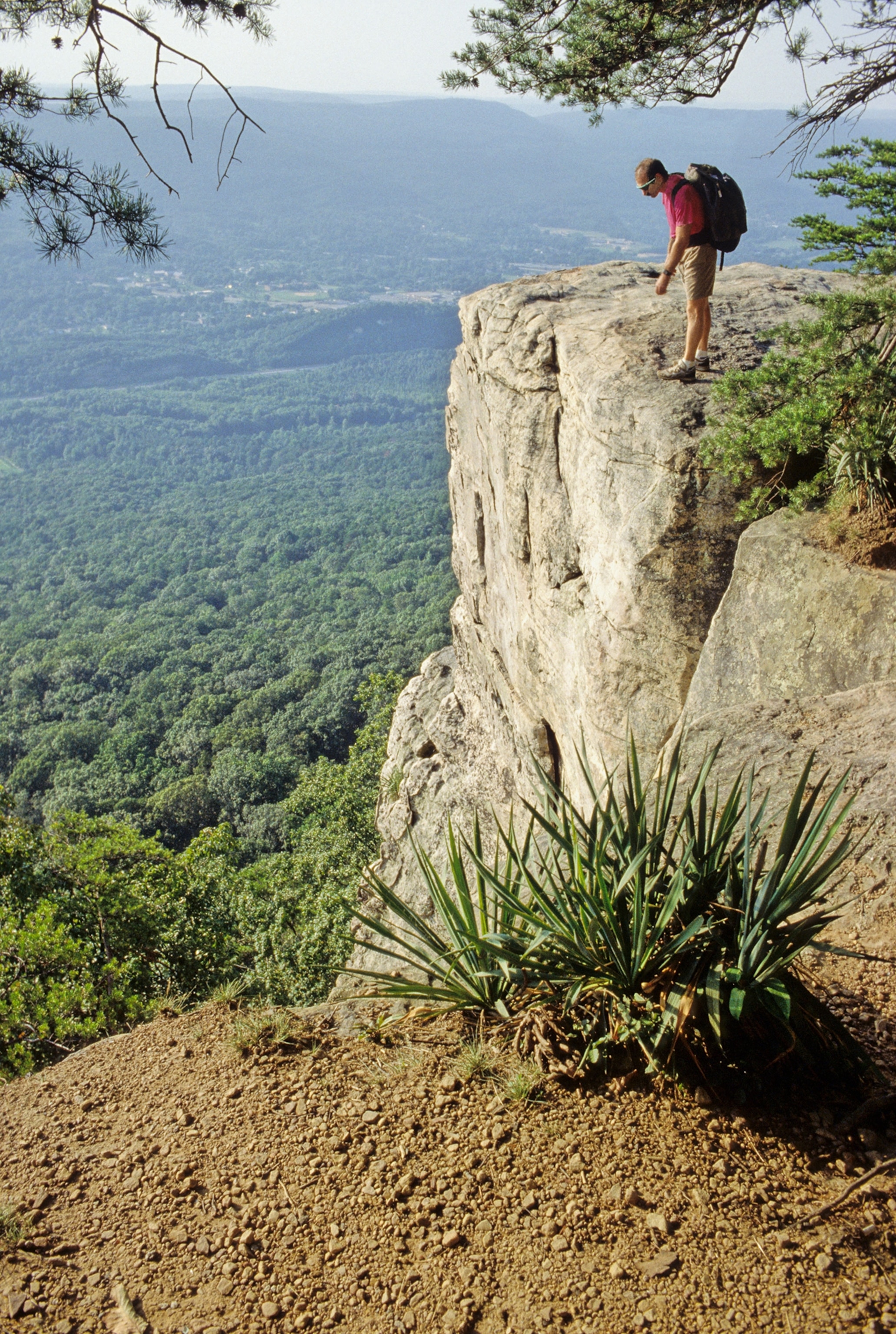 A hiker looks over a cliff into a wide valley on Lookout Mountain in Tennessee, USA.