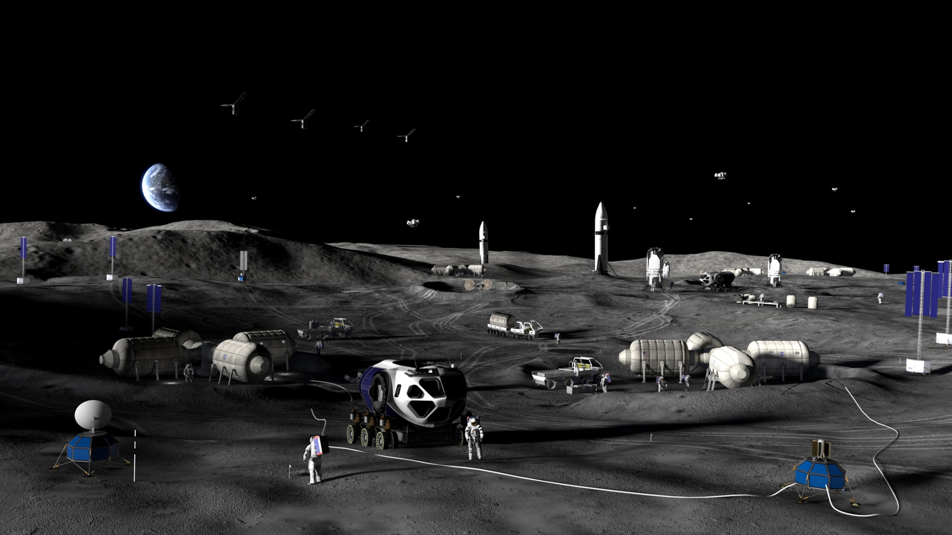 A futuristic lunar base under a dark sky, with Earth visible. Structures and vehicles cover the rocky surface, astronauts busy with equipment.
