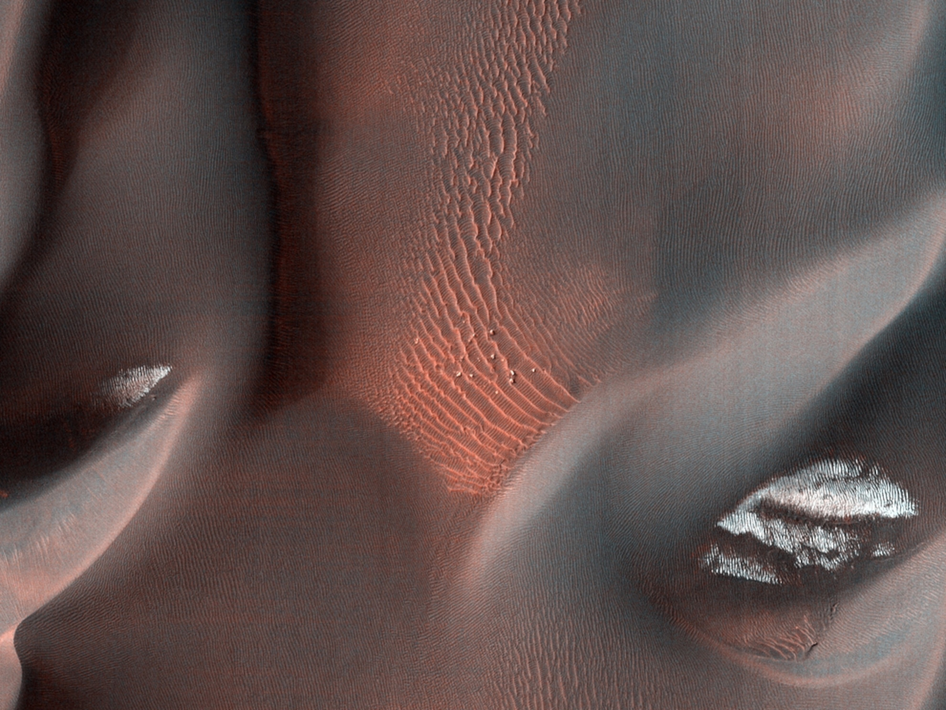 Dark dunes, some tipped with frost, are seen on the floor of a Martian crater in a new space picture.