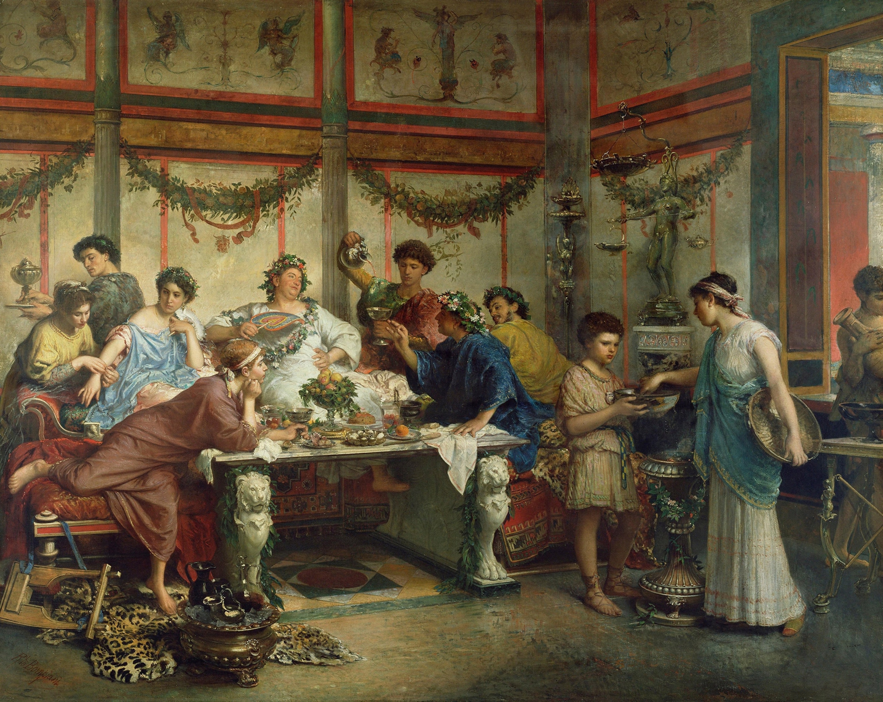 Artwork shows nine people, young and old, gathered around a table in robes and togas, some with decorative wreathes around their heads and necks. The table is laden with food, wine, greenery, and garlands adorn the walls above and around them.