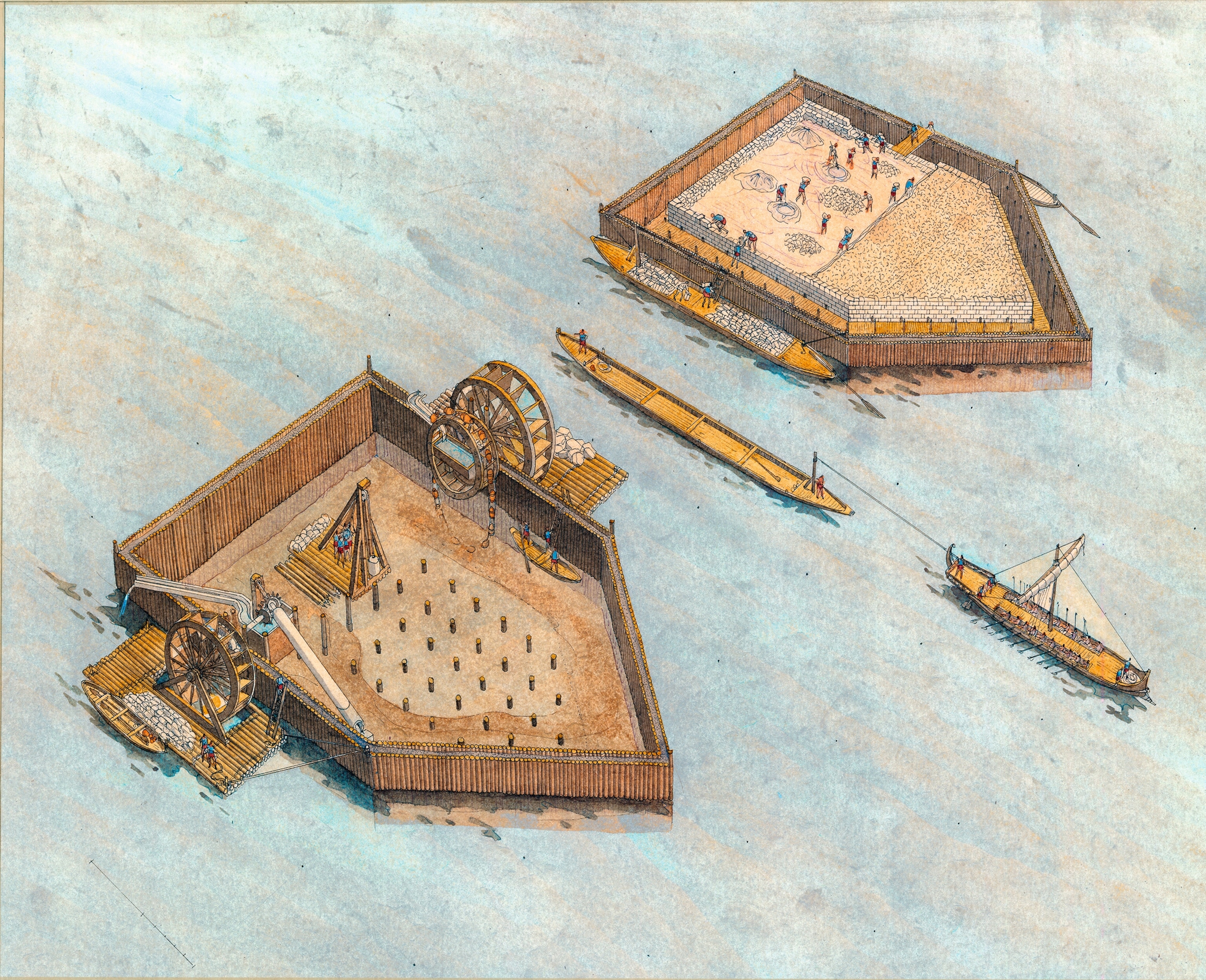 An illustration of waterwheels and an Archimedes’ screw removing water from one of the cofferdams erected to build bridge piers on the Danube River.