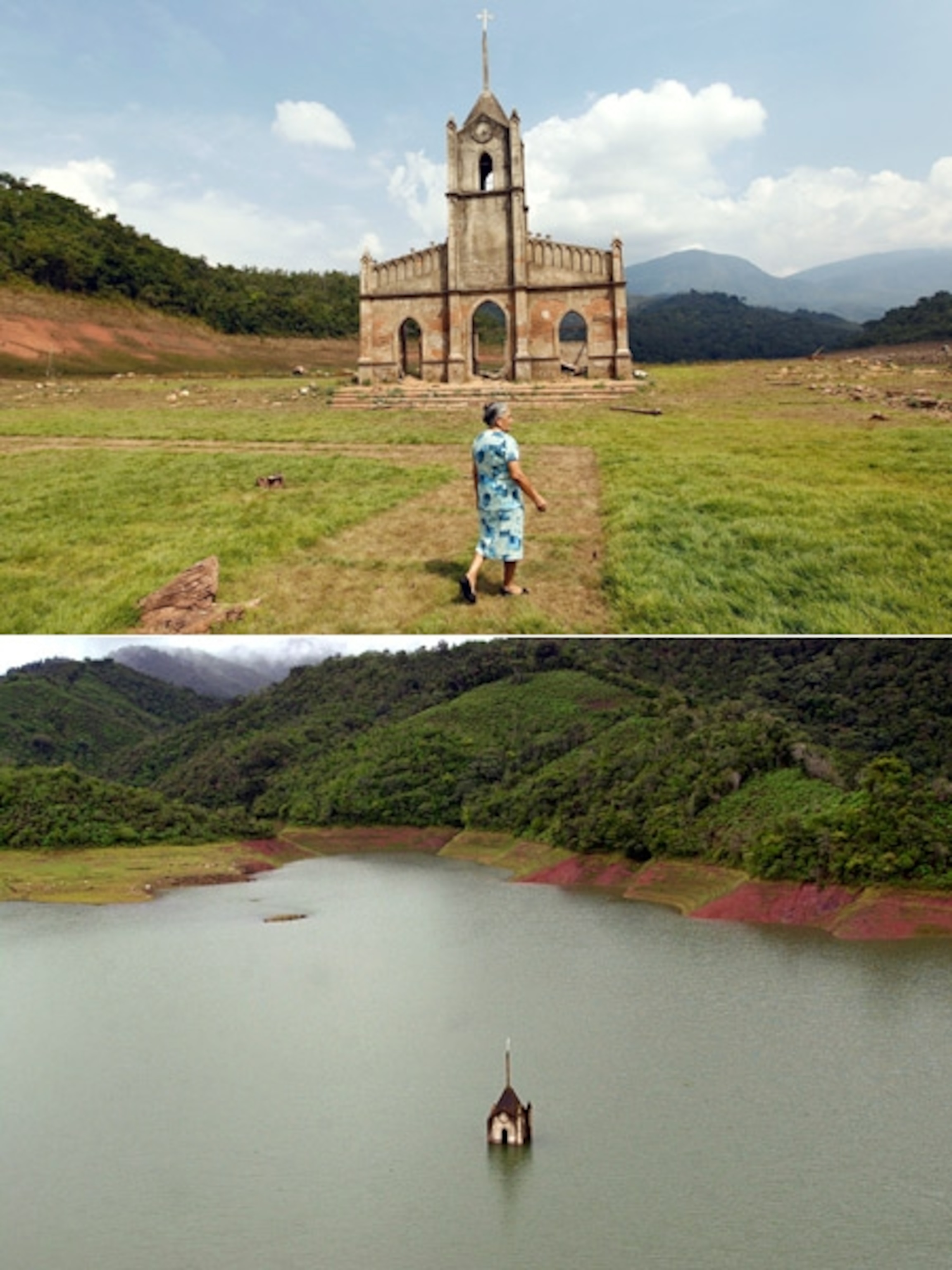 A before-and-after picture of an exposed church for World Water Day pictures gallery