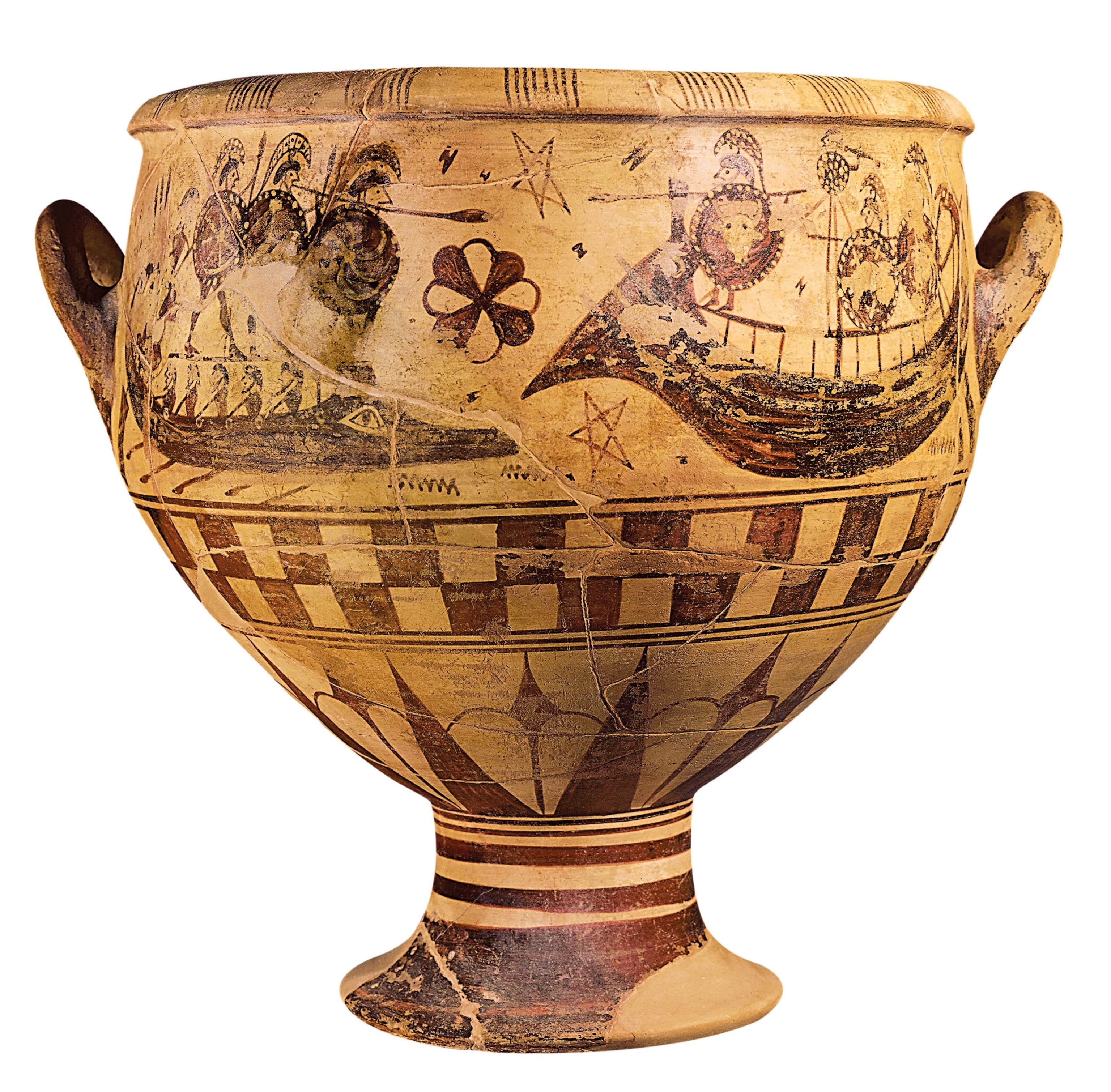 The naval battle and Odysseus blinding Polyphemus are portrayed on the Aristonothos Krater.