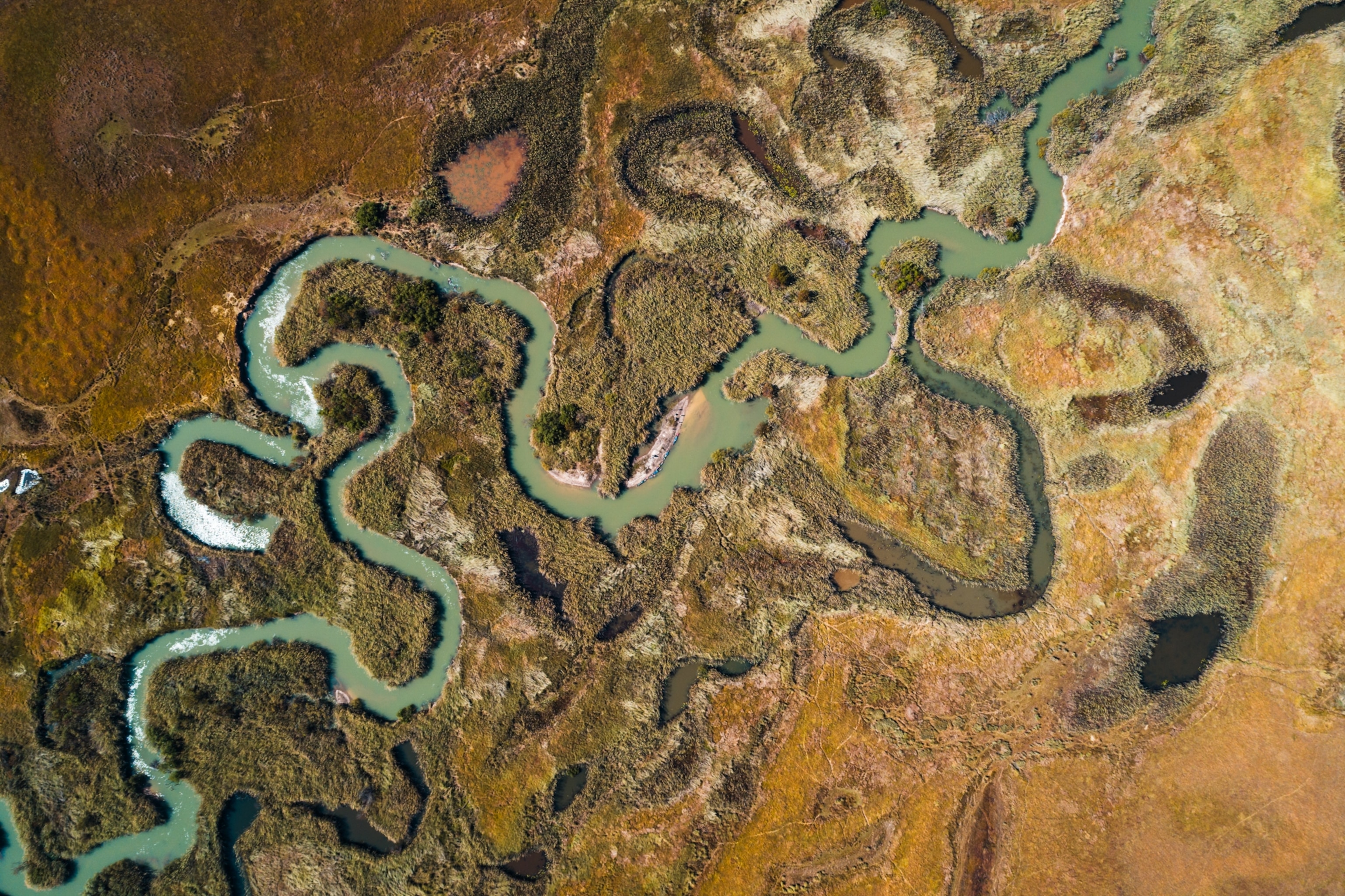 Aerial view of winding river.