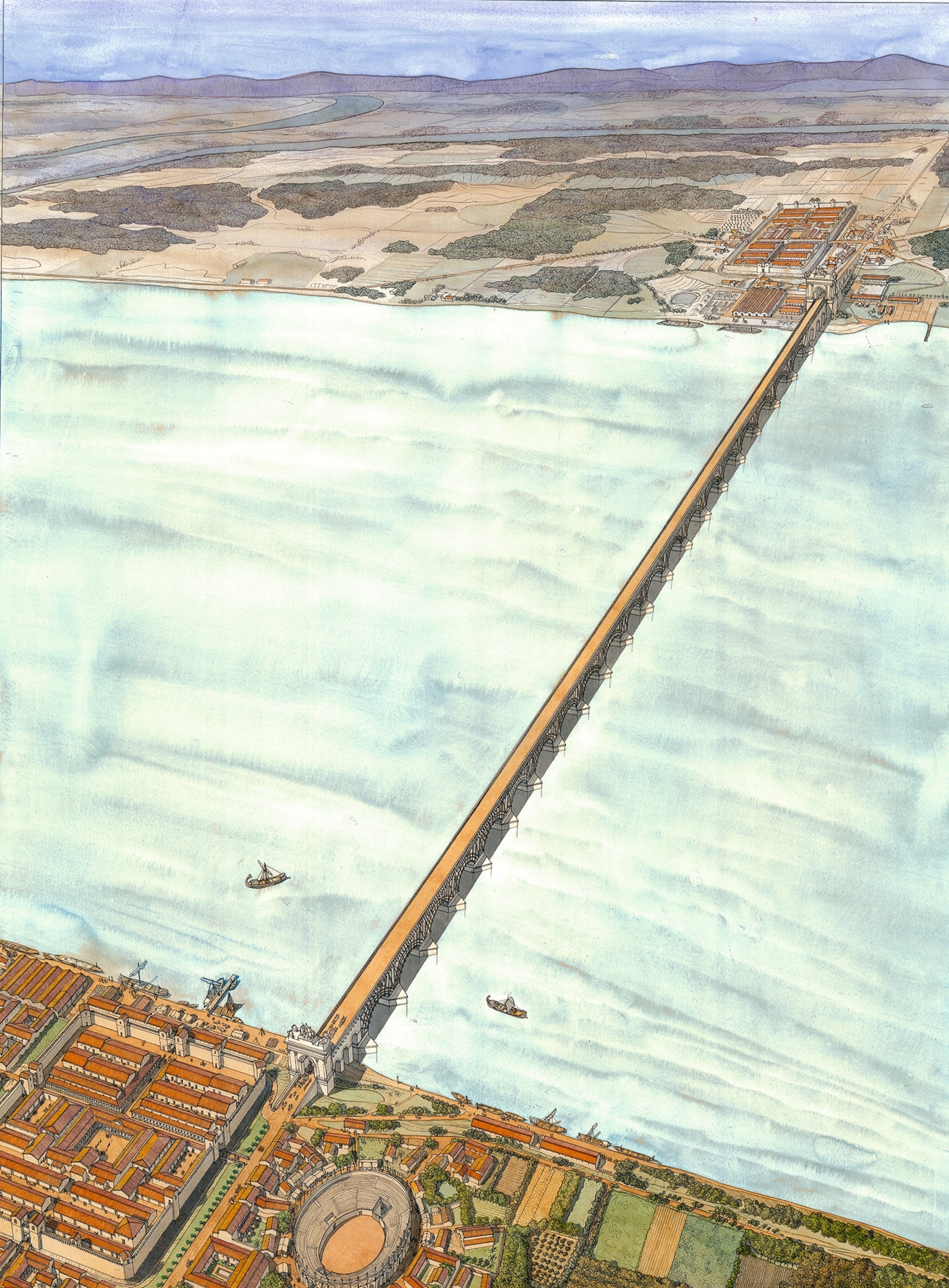 An illustration of Trajan’s bridge with 20 arches.