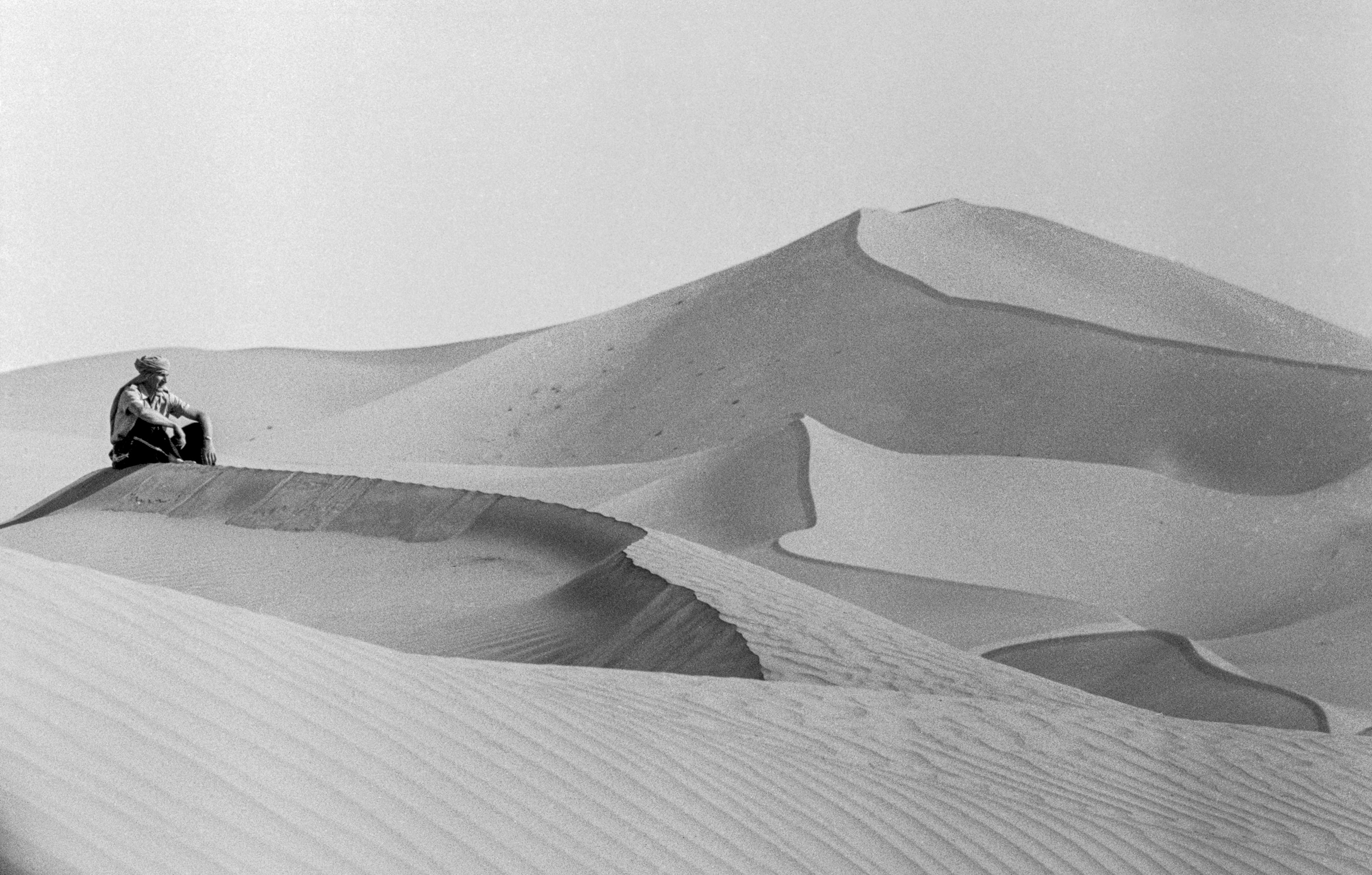 A man sits overlooking a desert