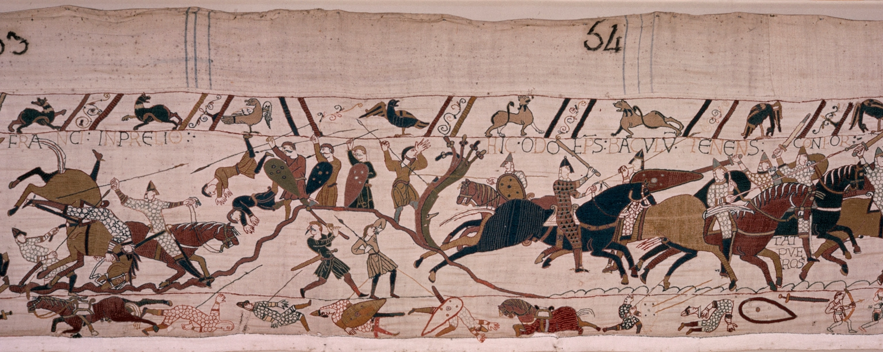 Scene from the tapestry that depicts William declaring he is alive.