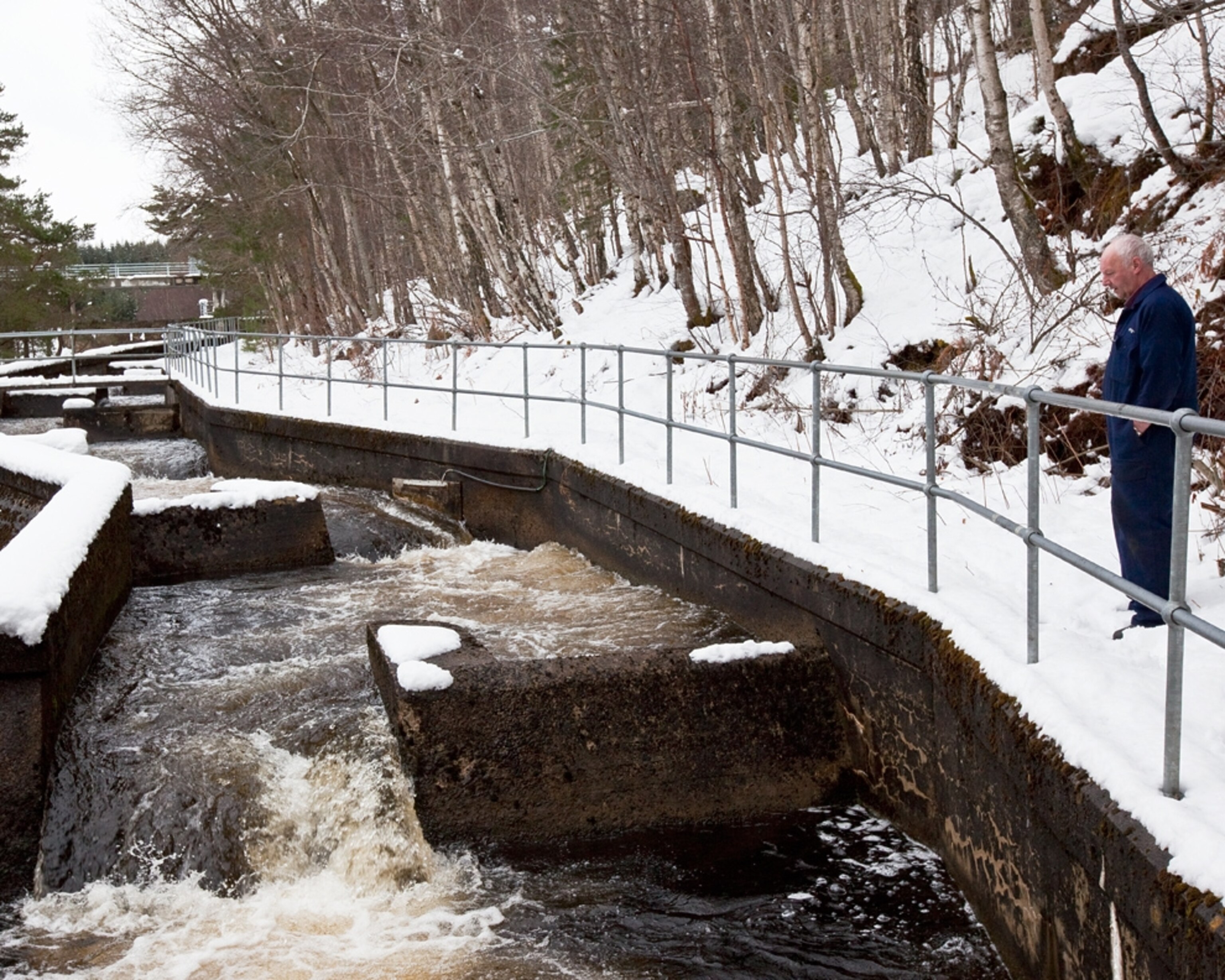 A man views a fish ladder at Dunalastair Dam, Scotland