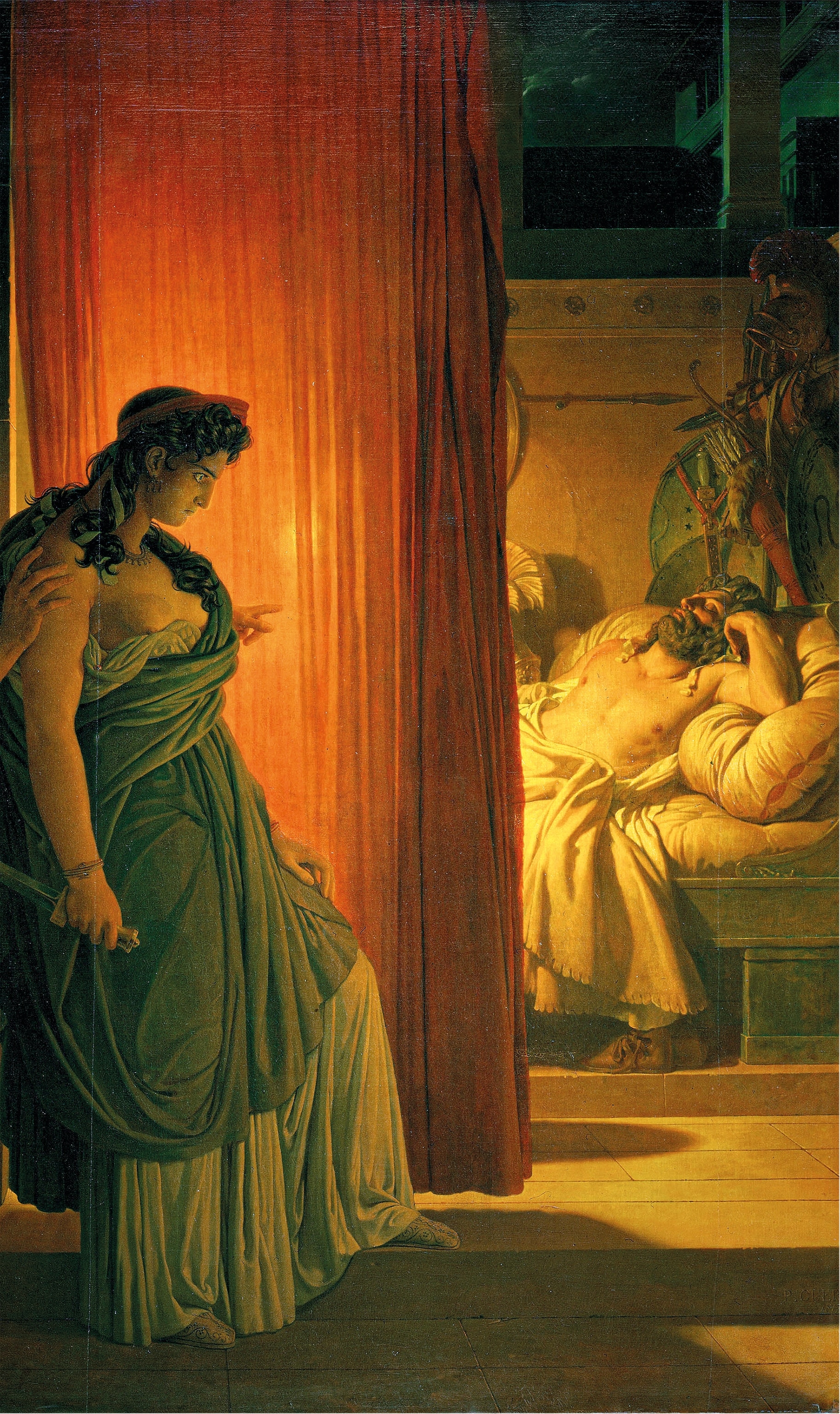 Painting of Clytemnestra, armed with a dagger, murdering her husband, Agamemnon, as he slept.