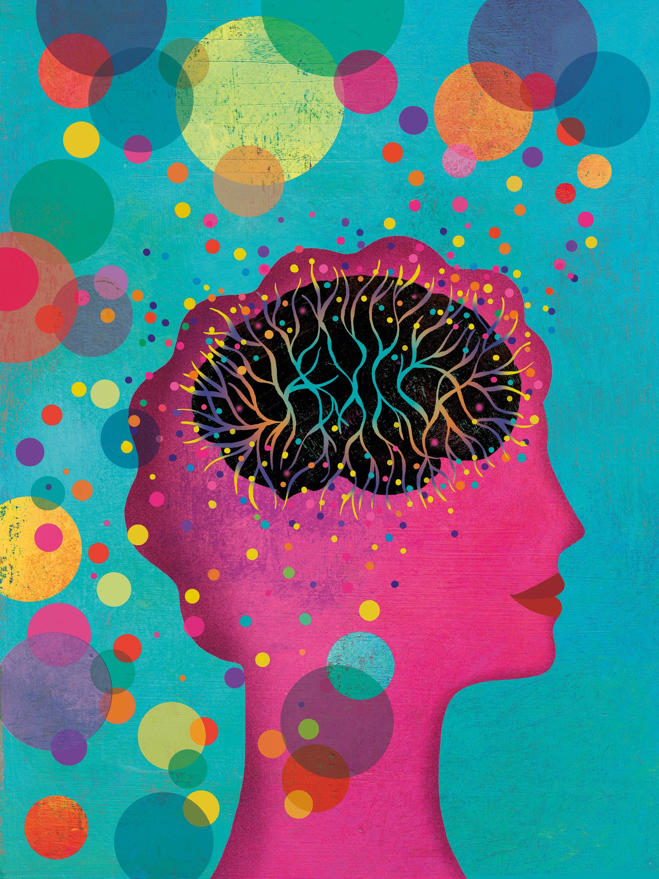 A colorful illustration of a side profile of a woman with a brain