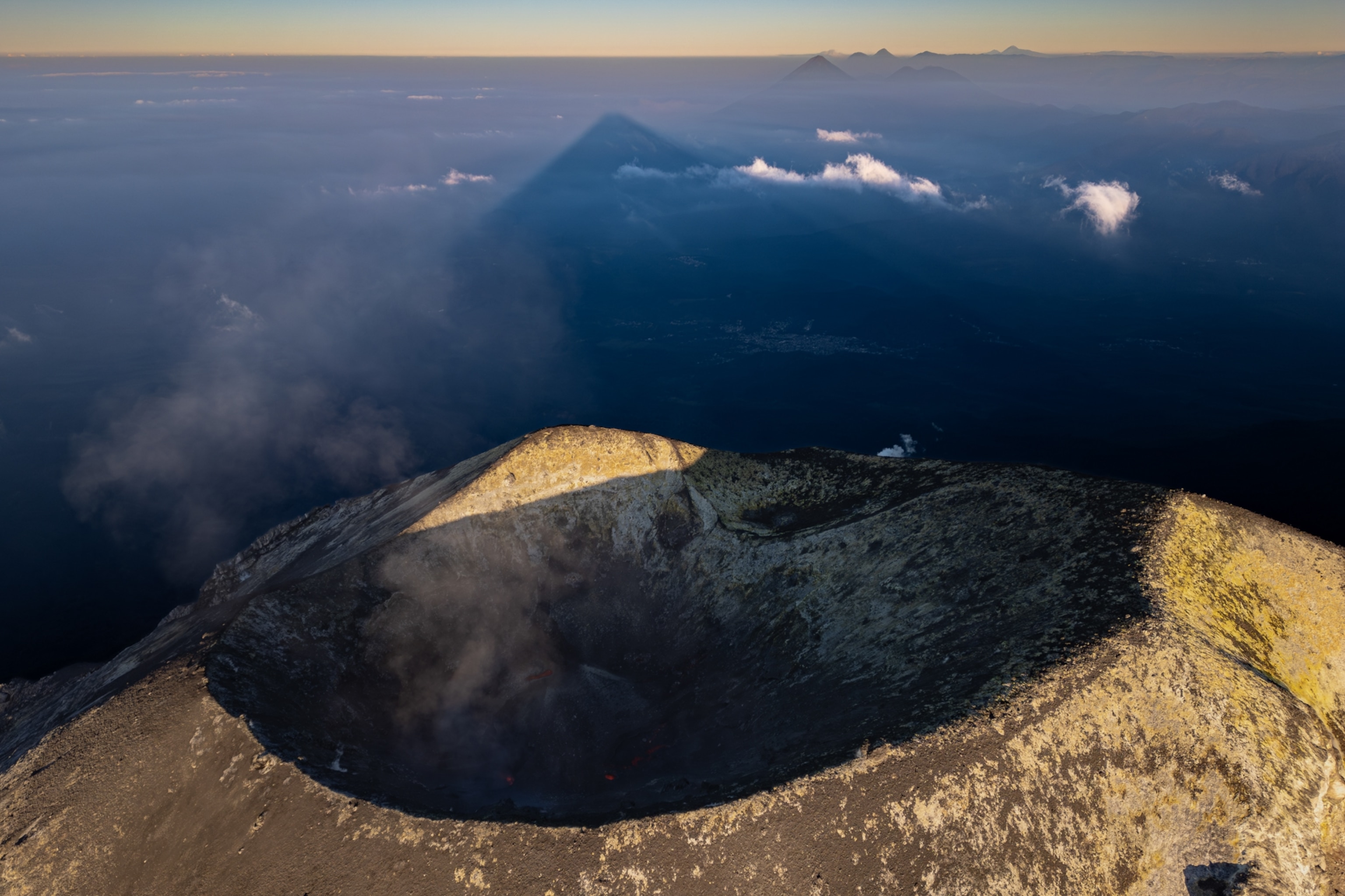 An aerial view of a volcanic caldera.